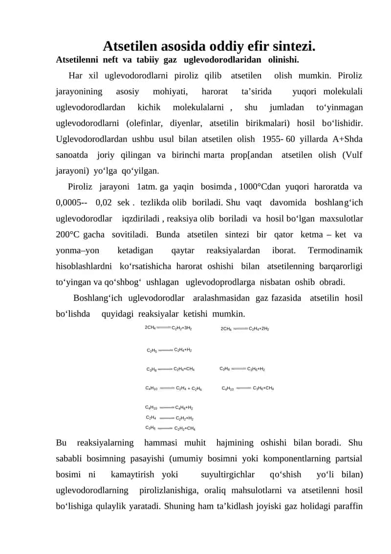 Atsetilen asosida oddiy efir sintezi. 1