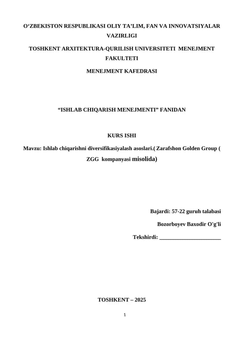 Kurs ishi "Ishlab chiqarish menejmenti" 1