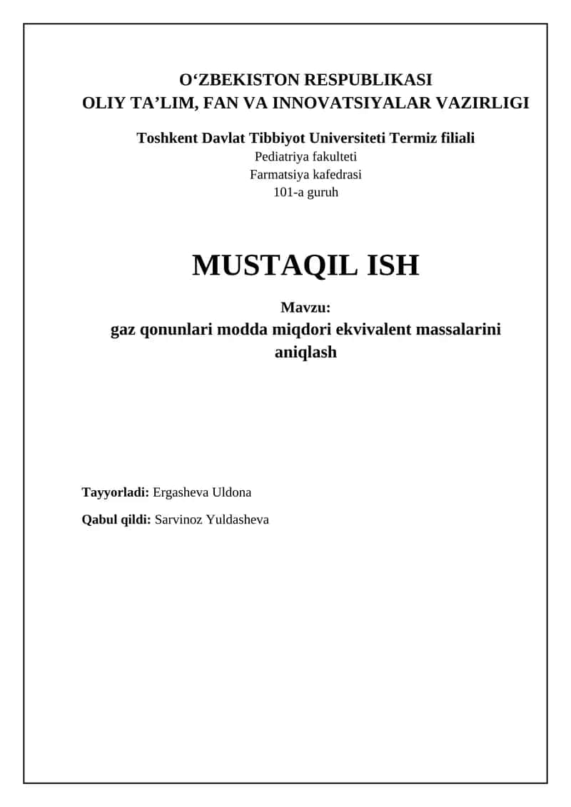 Gaz qonunlari va modda miqdorini aniqlash 1