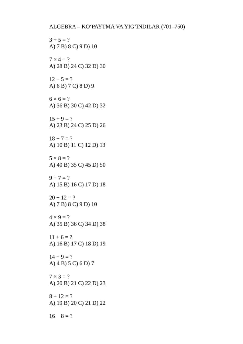 ALGEBRA – KO‘PAYTMA VA YIG‘INDILAR (701–750) 1