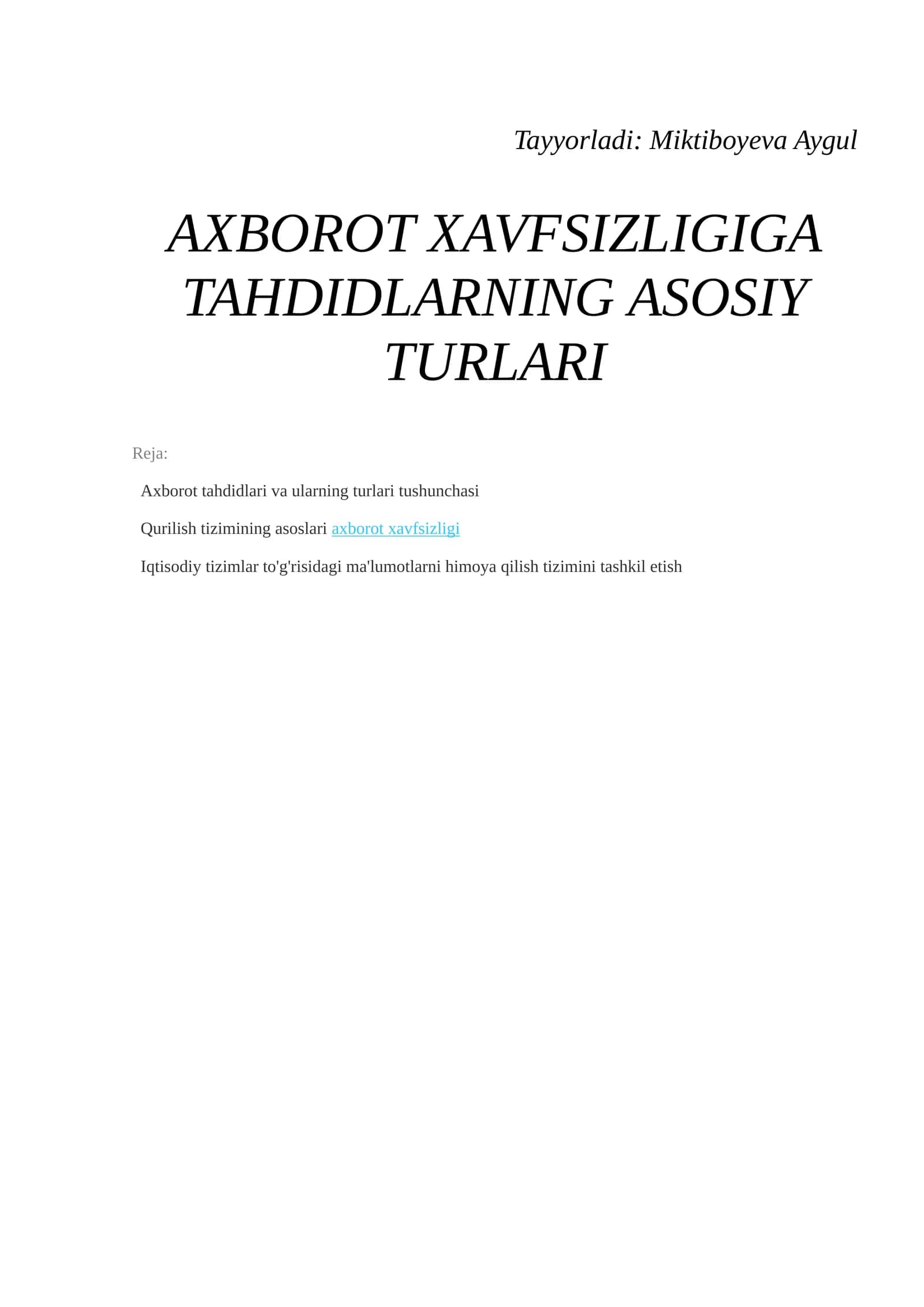 Axborot Xavfsizligi va Tahdidlar 1