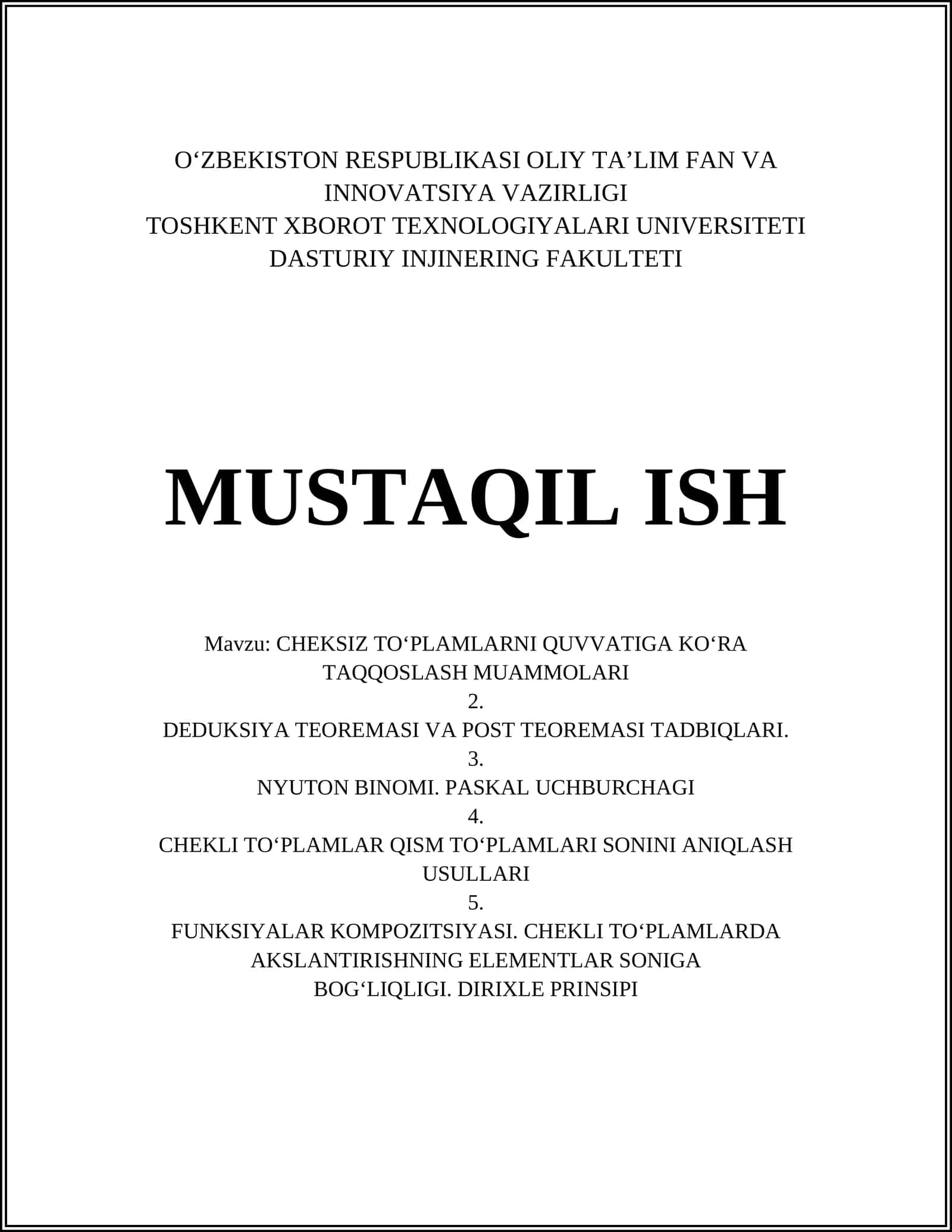 CHEKSIZ TO‘PLAMLARNI QUVVATIGA KO‘RA TAQQOSLASH MUAMMOLARI 1