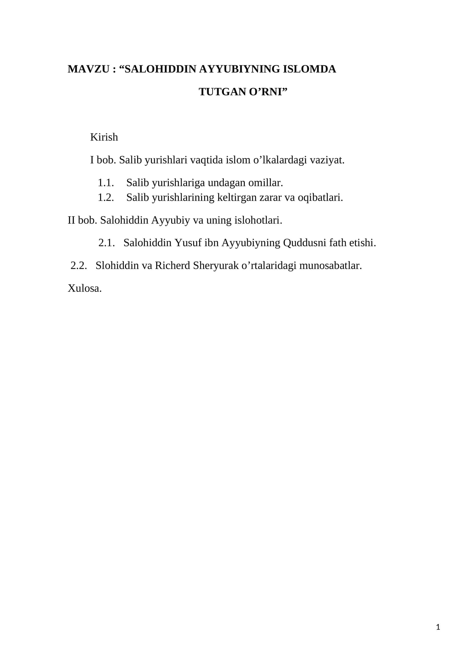 SALOHIDDIN AYYUBIYNING ISLOMDA TUTGAN O’RNI 1