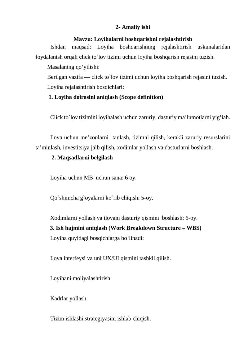 Loyihalarni boshqarishni rejalashtirish 1