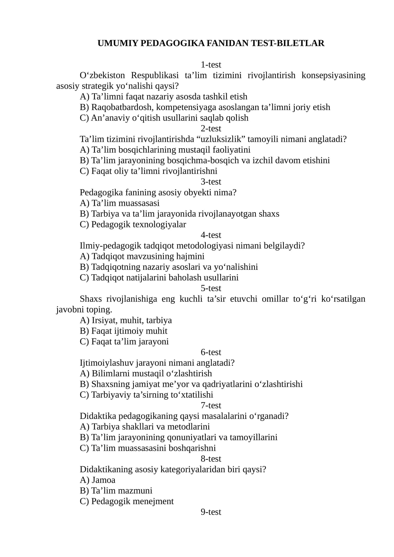 UMUMIY PEDAGOGIKA FANIDAN TEST-BILETLAR 1
