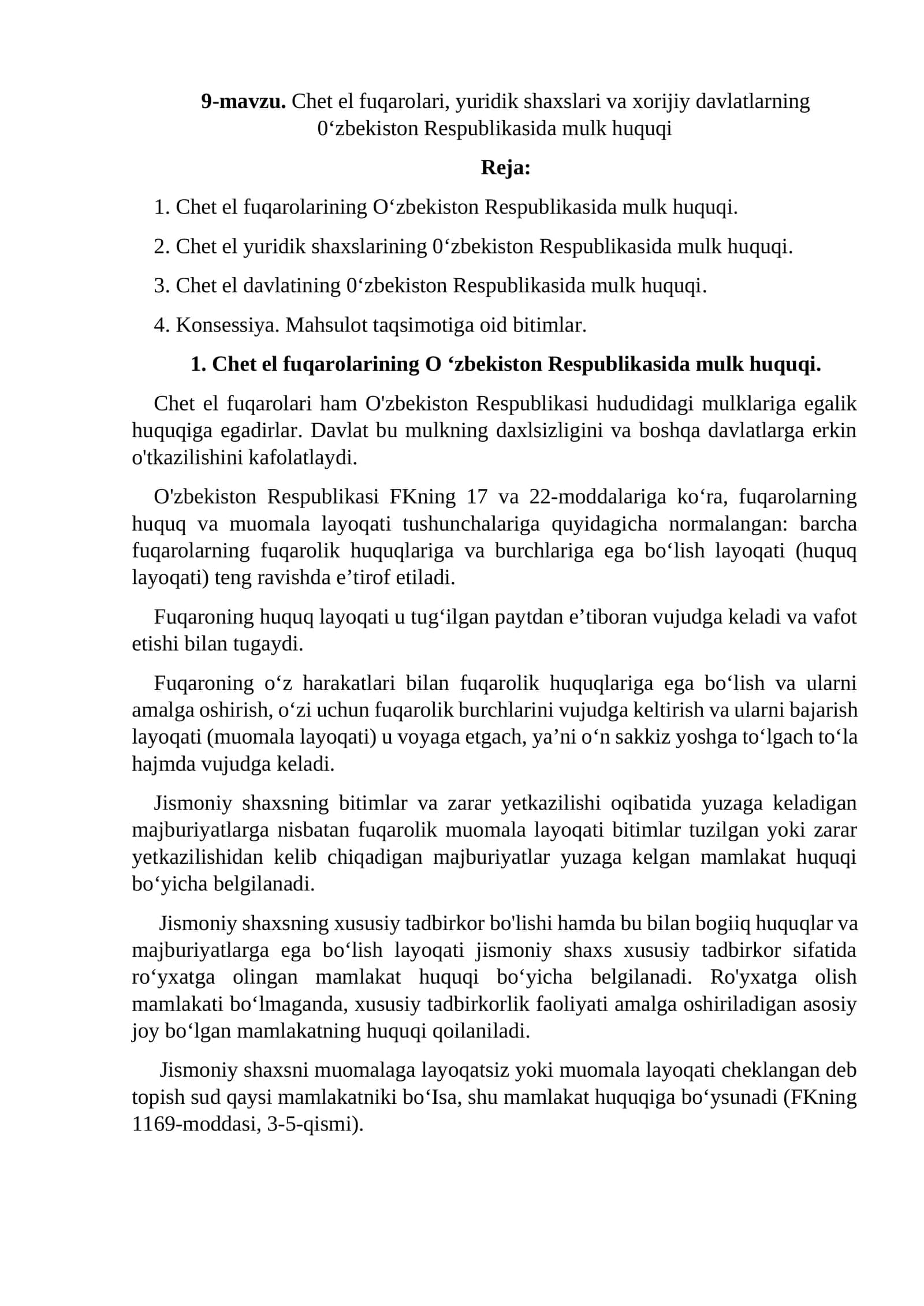 Chet el fuqarolarining О‘zbekiston Respublikasida mulk huquqi 1