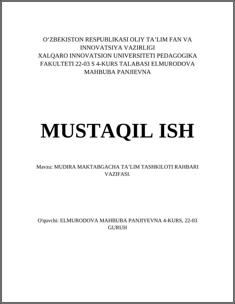 MUDIRA MAKTABGACHA TAʼLIM TASHKILOTI RAHBARI VAZIFASI 1