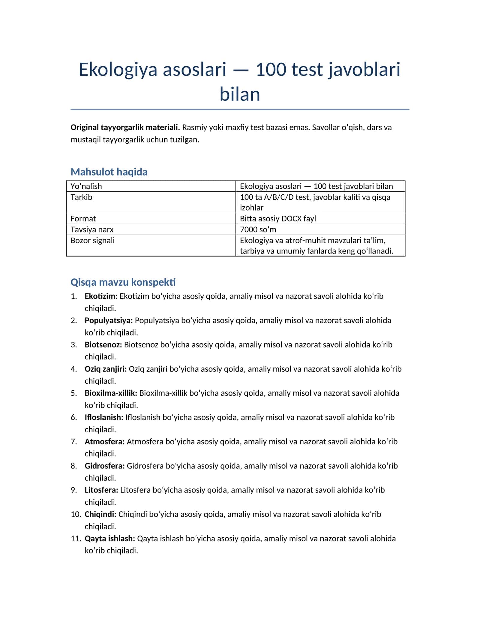 Ekologiya asoslari — 100 test javoblari bilan 1