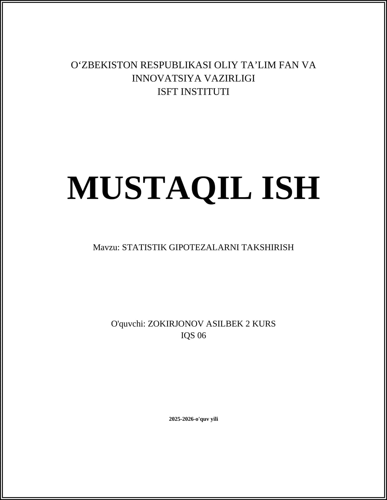 STATISTIK GIPOTEZALARNI TAKSHIRISH 1