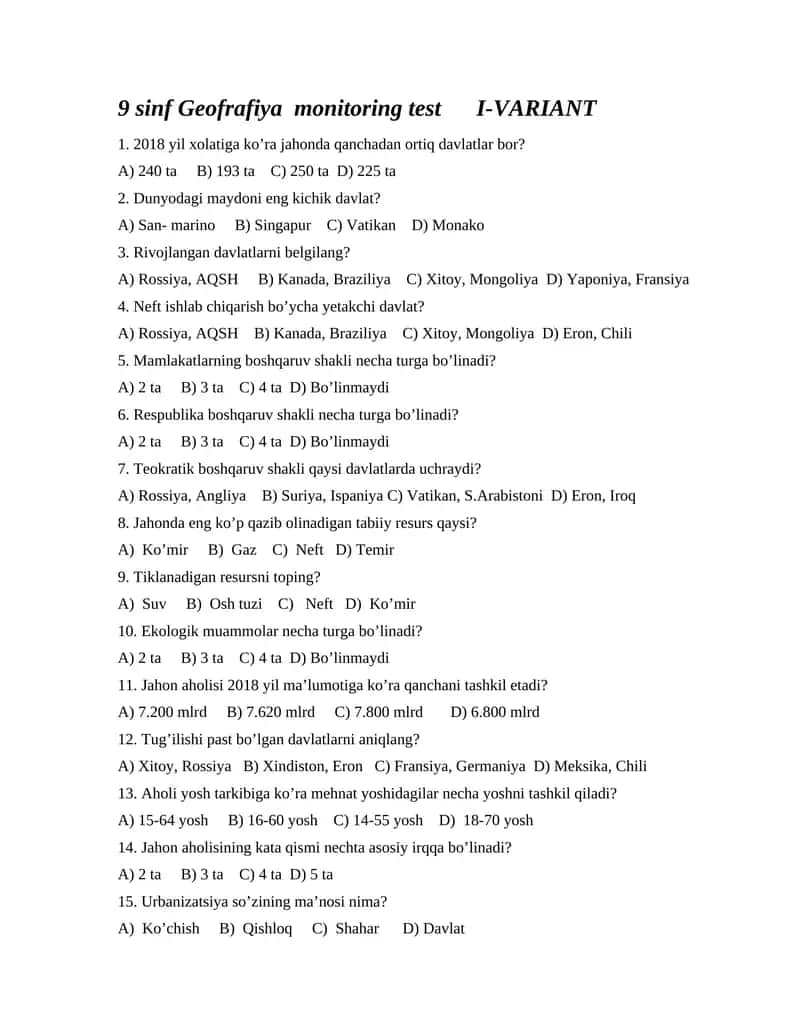 9-sinf Geofrafiya monitoring test 1