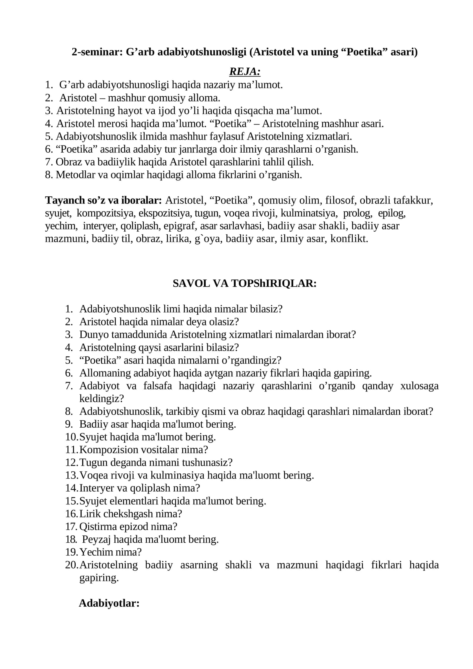 G’arb adabiyotshunosligi (Aristotel va uning “Poetika” asari) 1