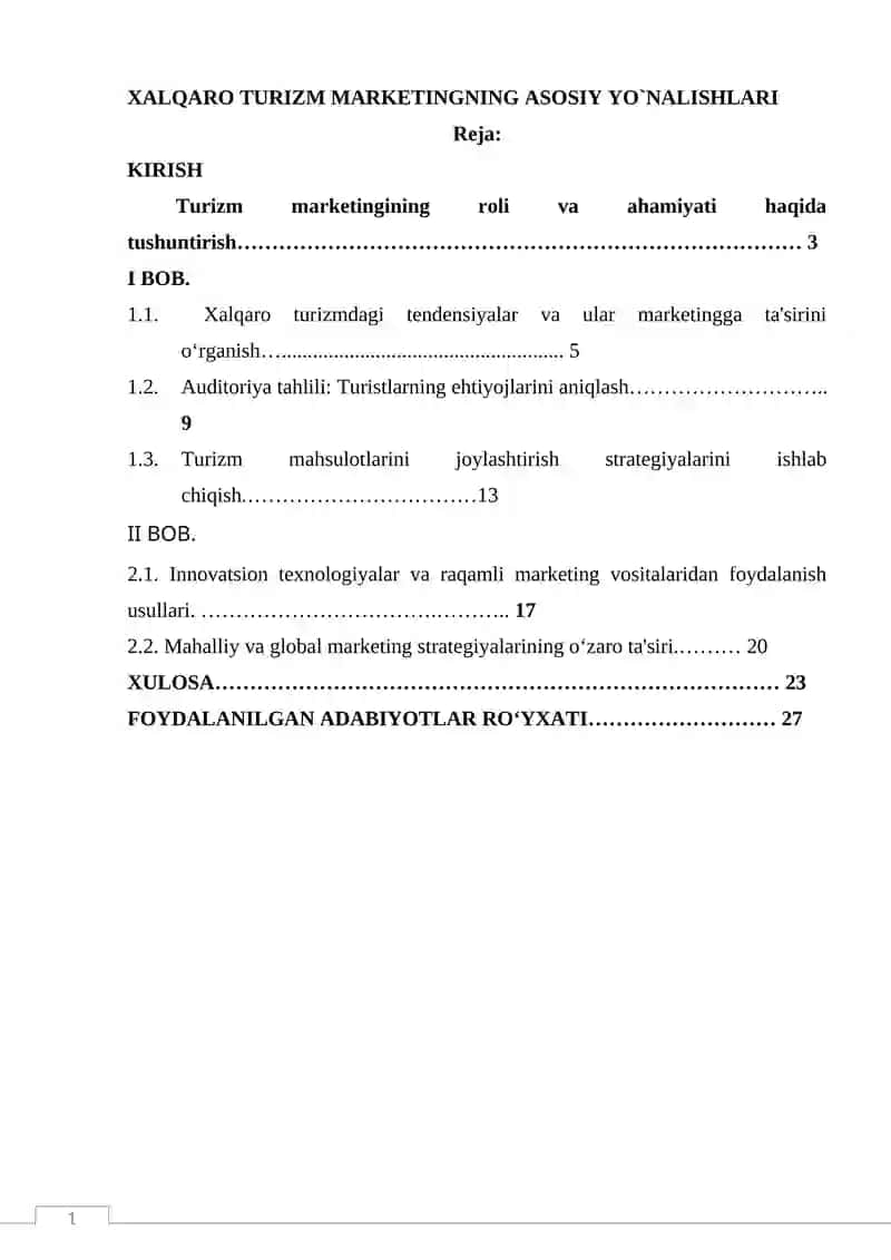 XALQARO TURIZM MARKETINGNING ASOSIY YO`NALISHLARI