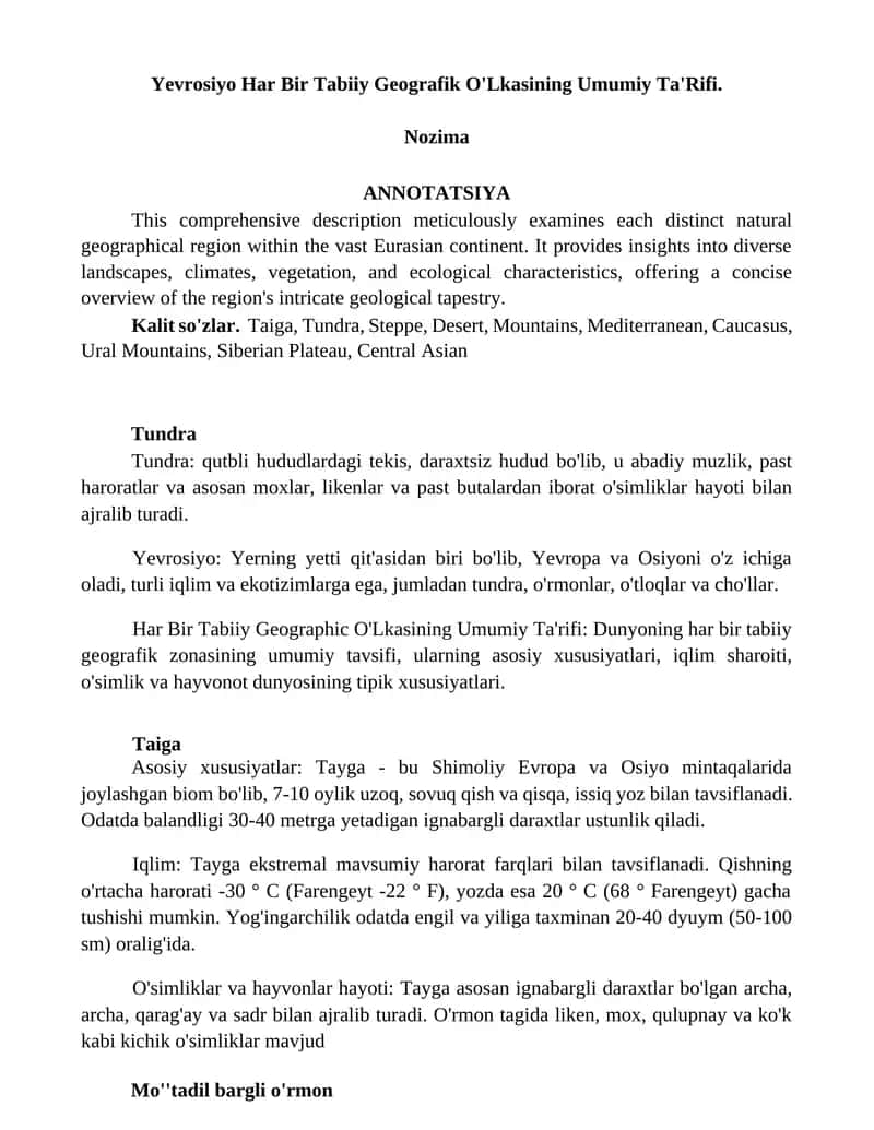 Yevrosiyo Har Bir Tabiiy Geografik O'Lkasining Umumiy Ta'Rifi 1