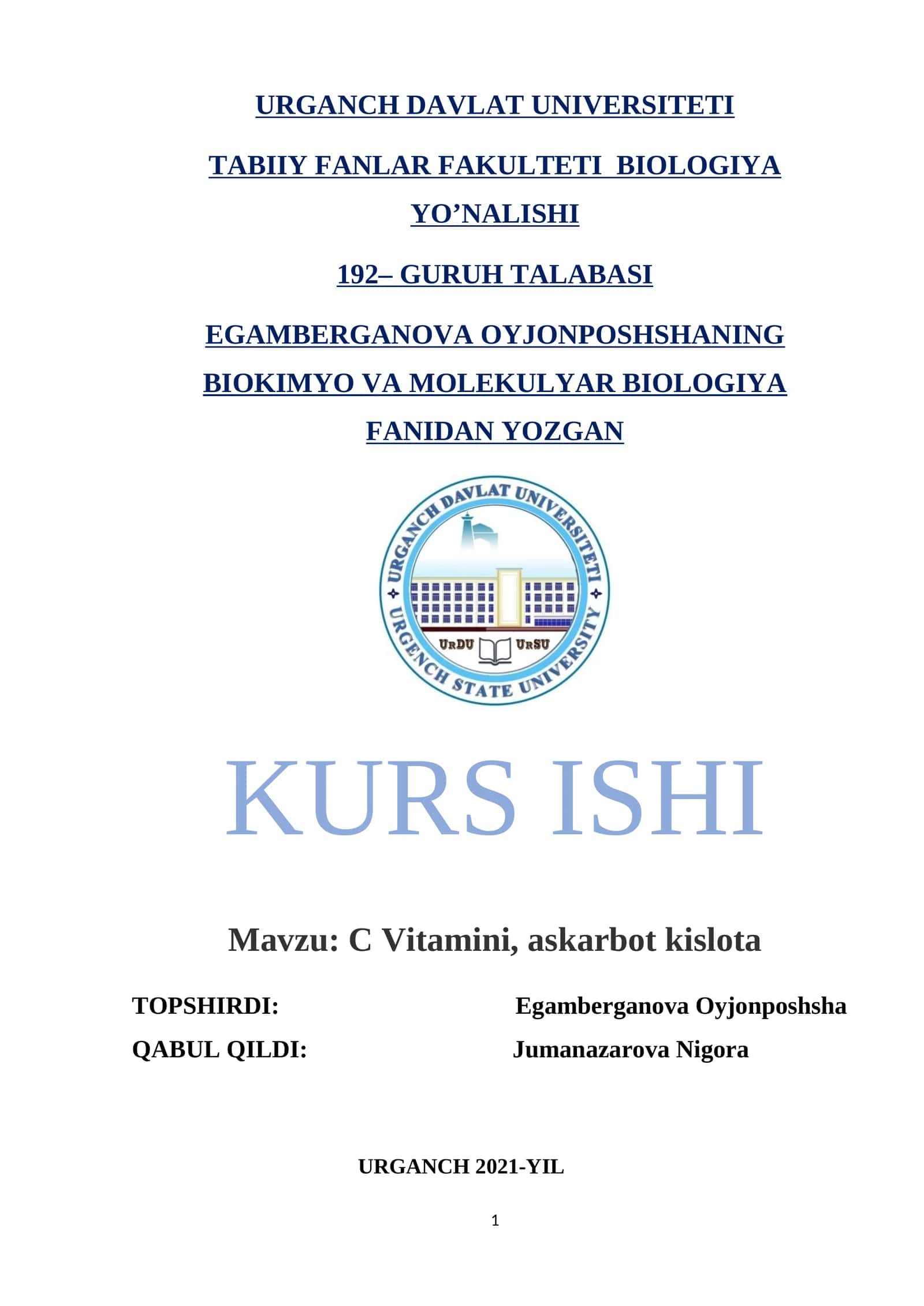C Vitamin, askarbot kislota Kurs ishi 1