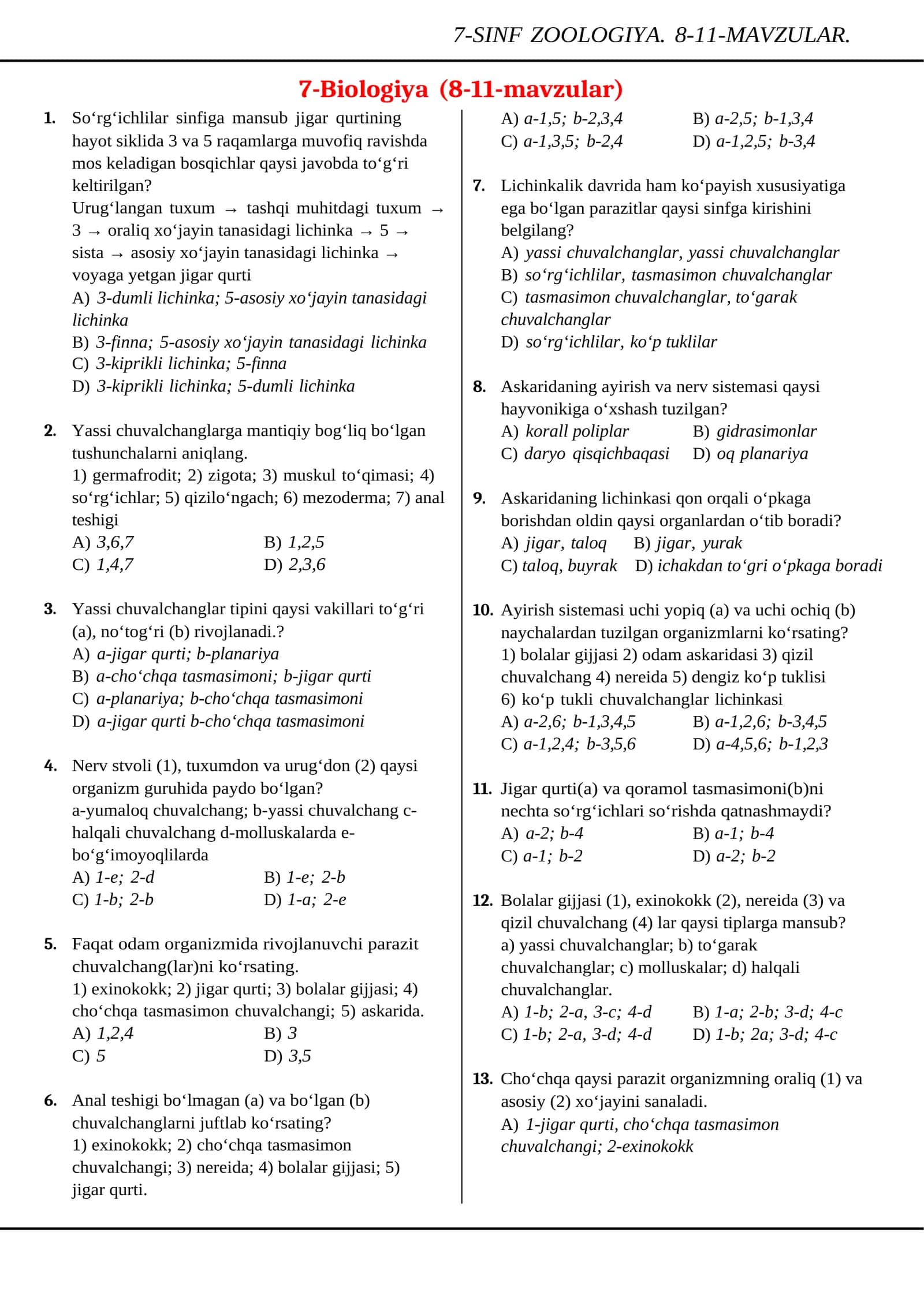 7-SINF ZOOLOGIYA. 8-11-MAVZULAR 1