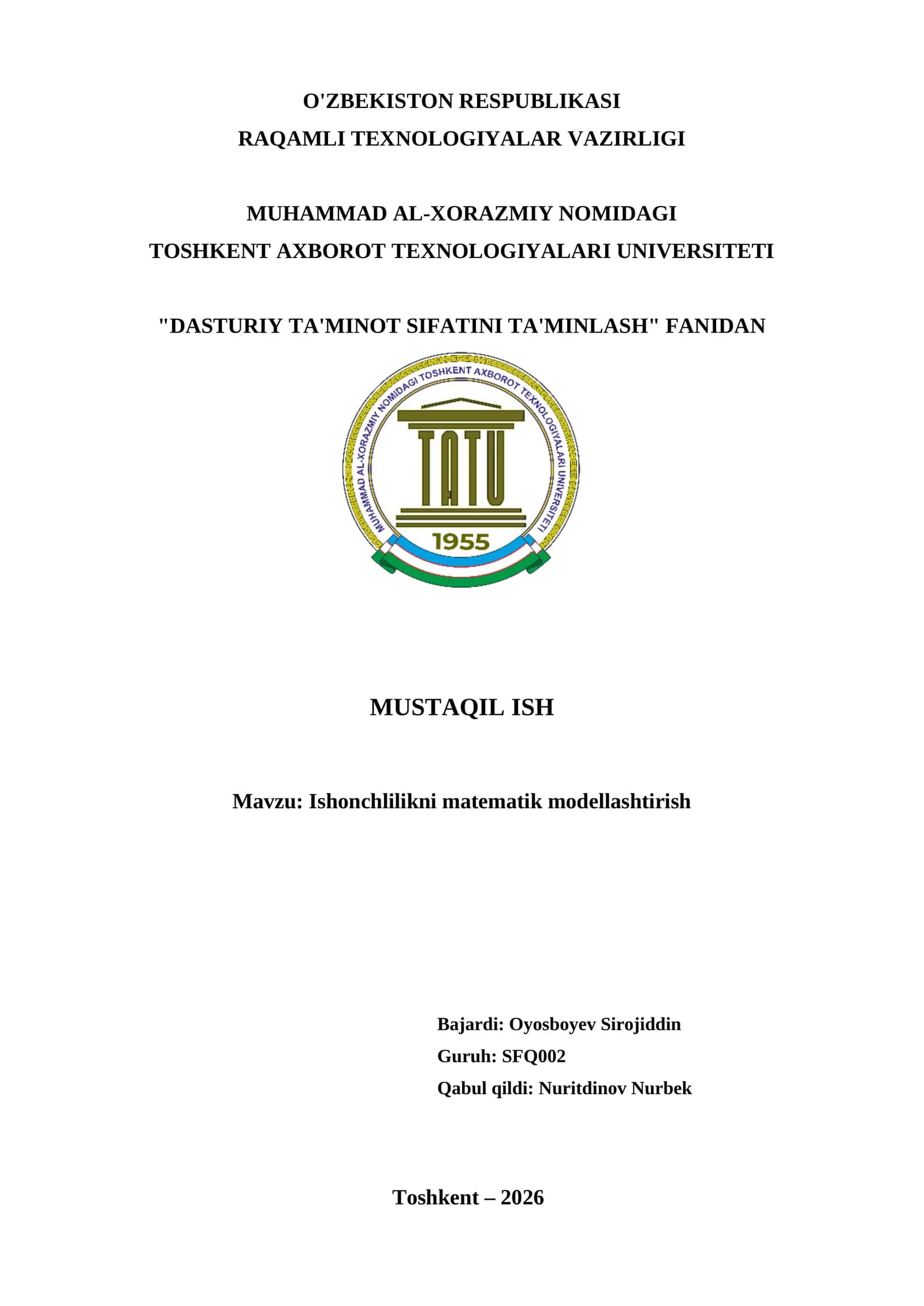 Ishonchlilikni matematik modellashtirish 1