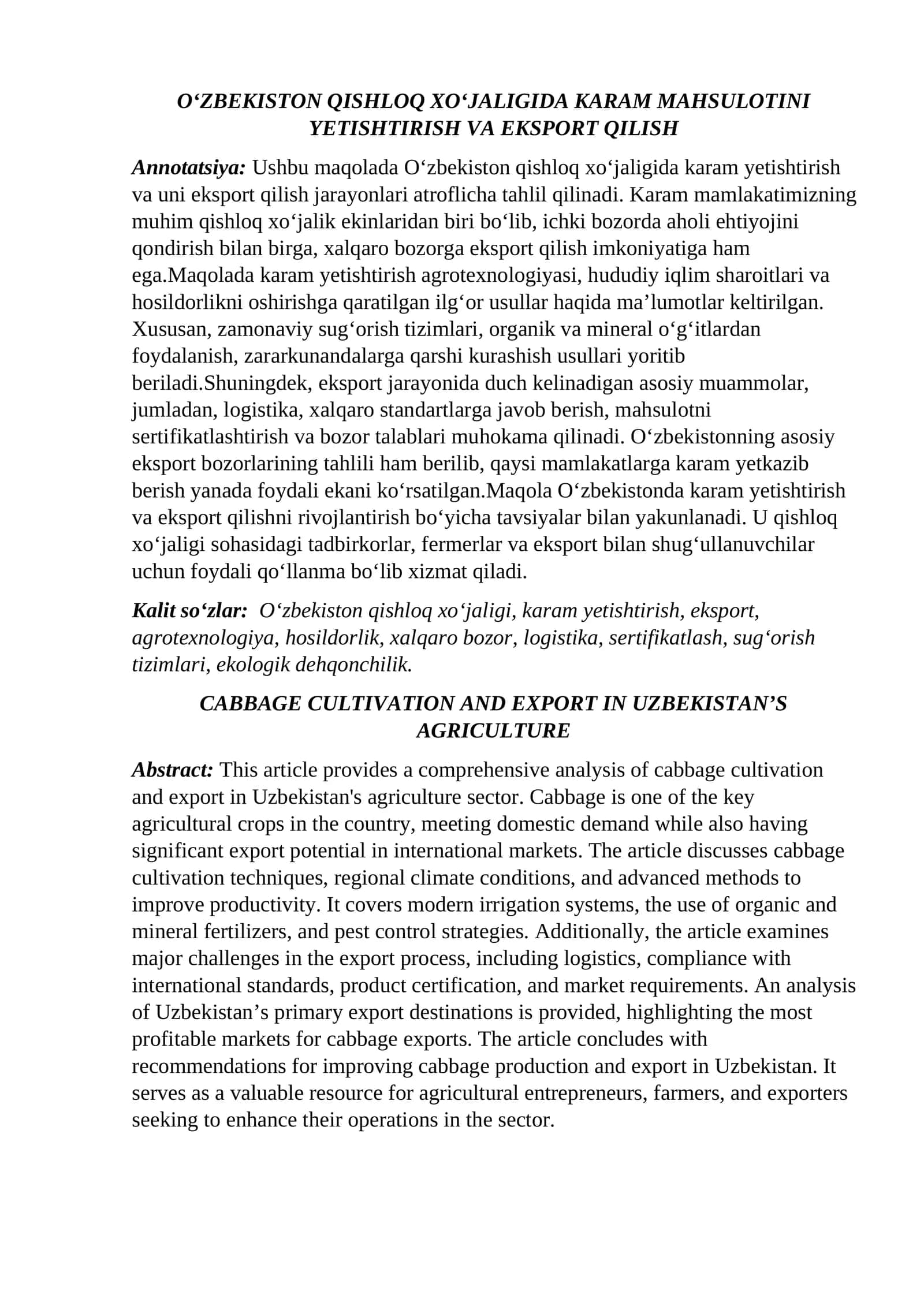 O‘ZBEKISTON QISHLOQ XO‘JALIGIDA KARAM MAHSULOTINI YETISHTIRISH VA EKSPORT QILISH 1