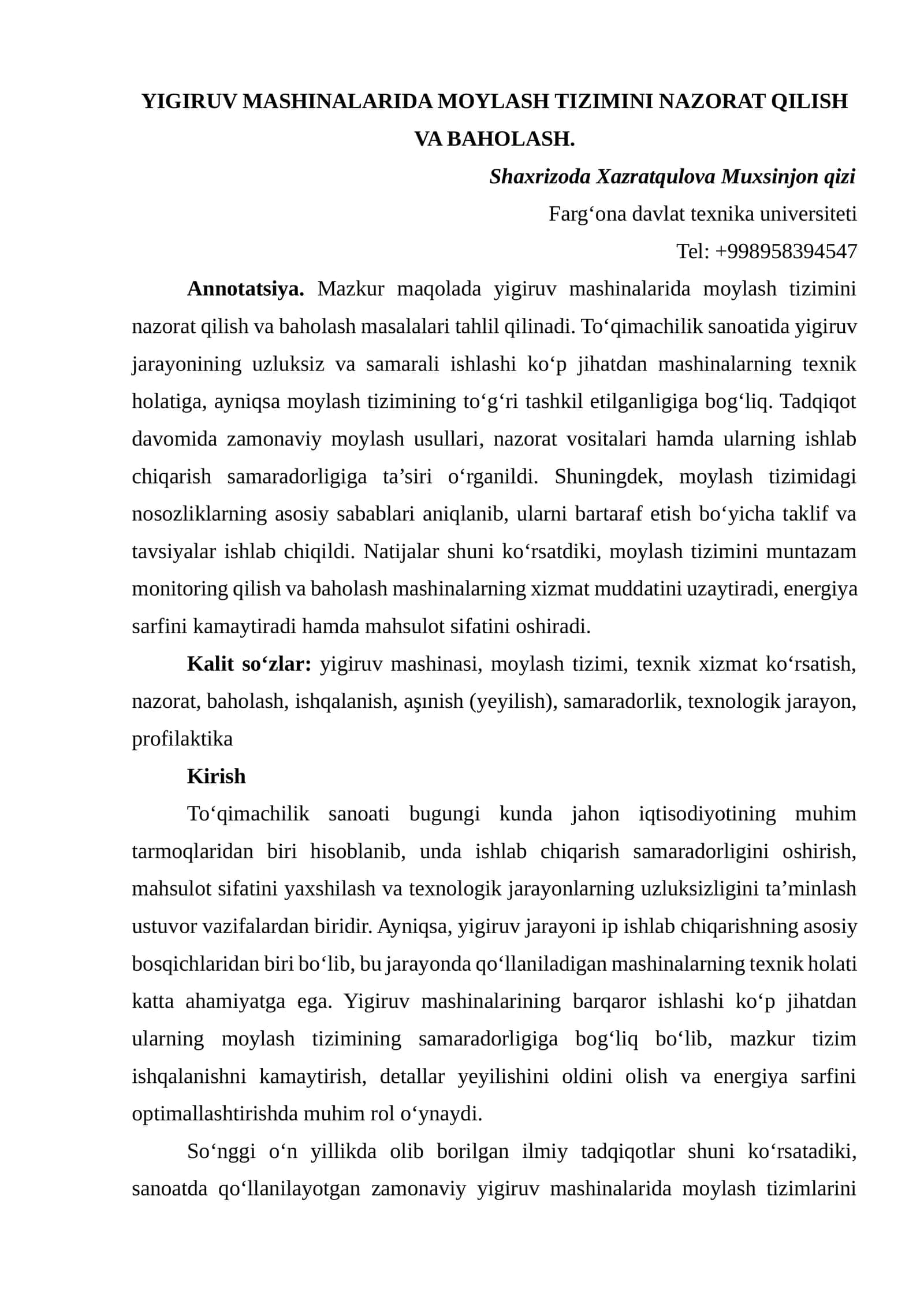 YIGIRUV MASHINALARIDA MOYLASH TIZIMINI NAZORAT QILISH VA BAHOLASH 1