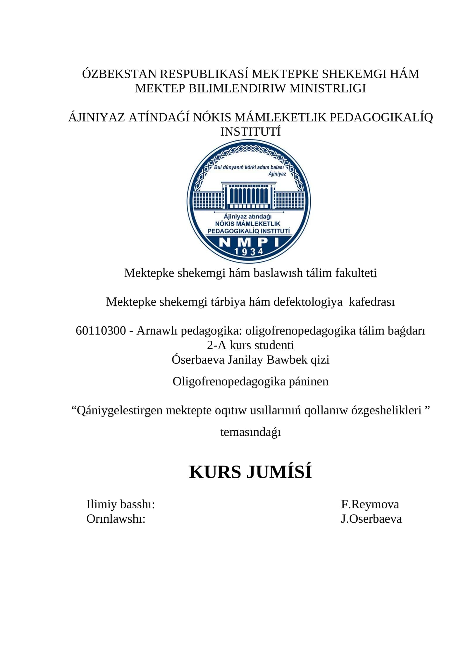 Arnawlı pedagogika: oligofrenopedagogika tálim baǵdarı 1