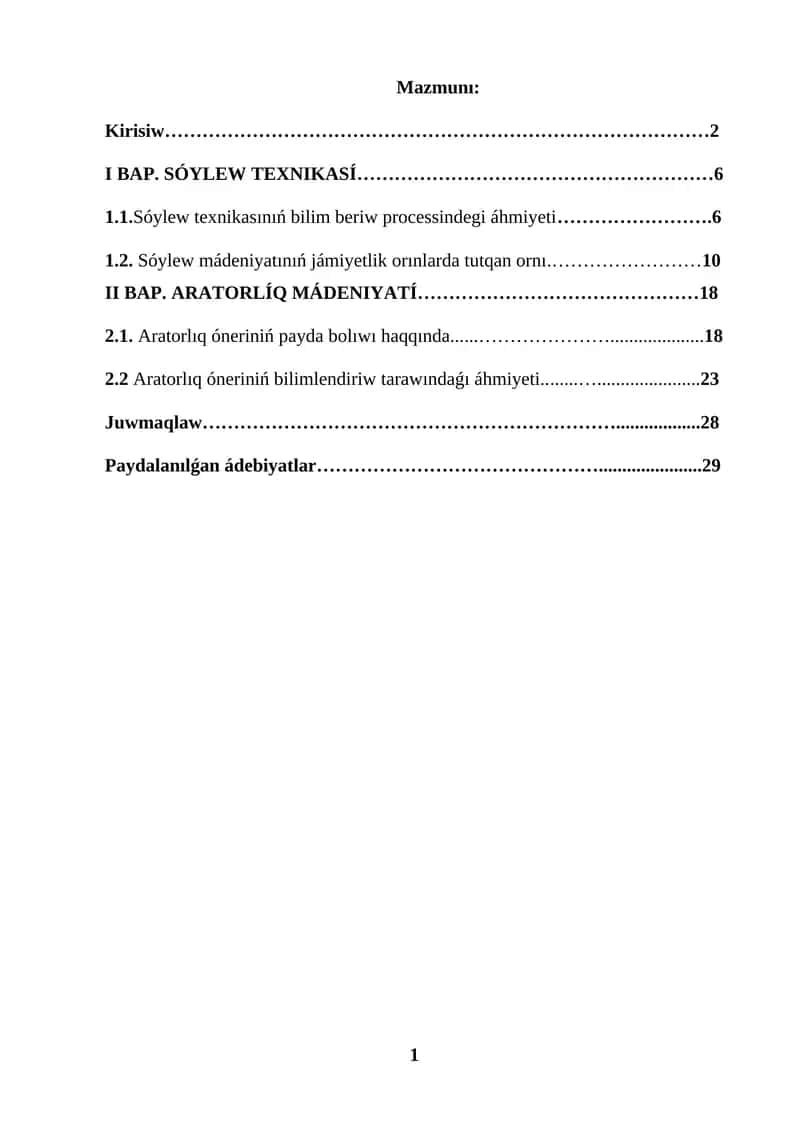 KURS JUMISI SÓYLEW TEXNIKASI ARATORLIQ MÁDENIYATI 1