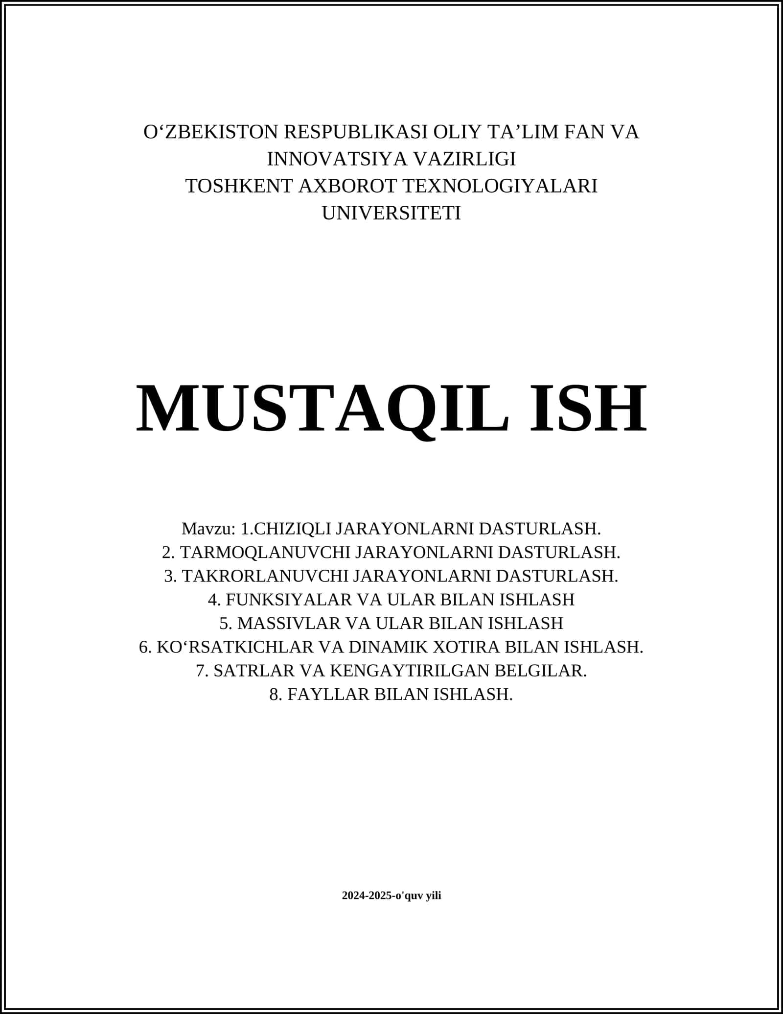 CHIZIQLI JARAYONLARNI DASTURLASH 1