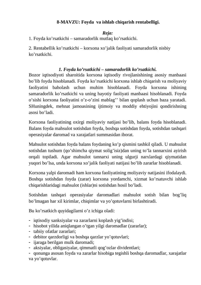 Foyda va ishlab chiqarish rentabelligi 1