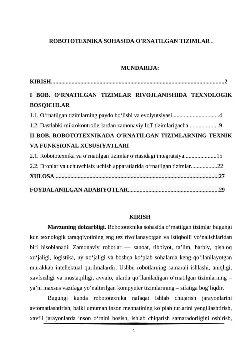 ROBOTOTEXNIKA SOHASIDA O'RNATILGAN TIZIMLAR 1