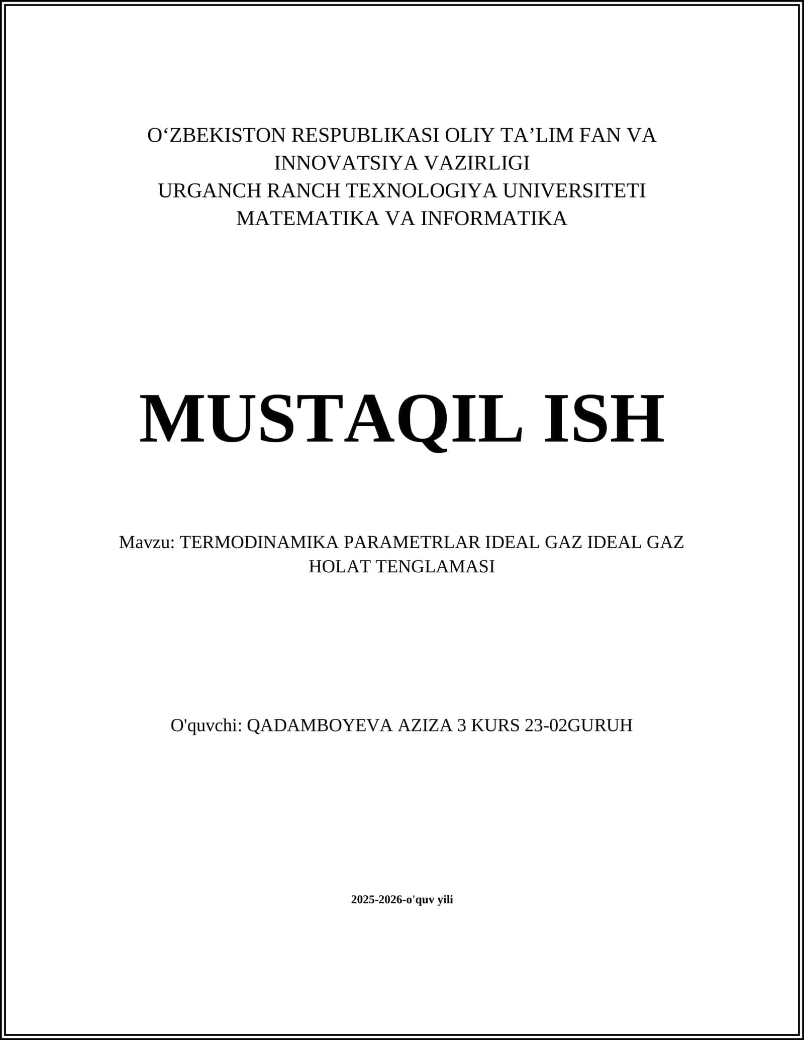 TERMODINAMIKA PARAMETRLAR IDEAL GAZ IDEAL GAZ HOLAT TENGLAMASI 1