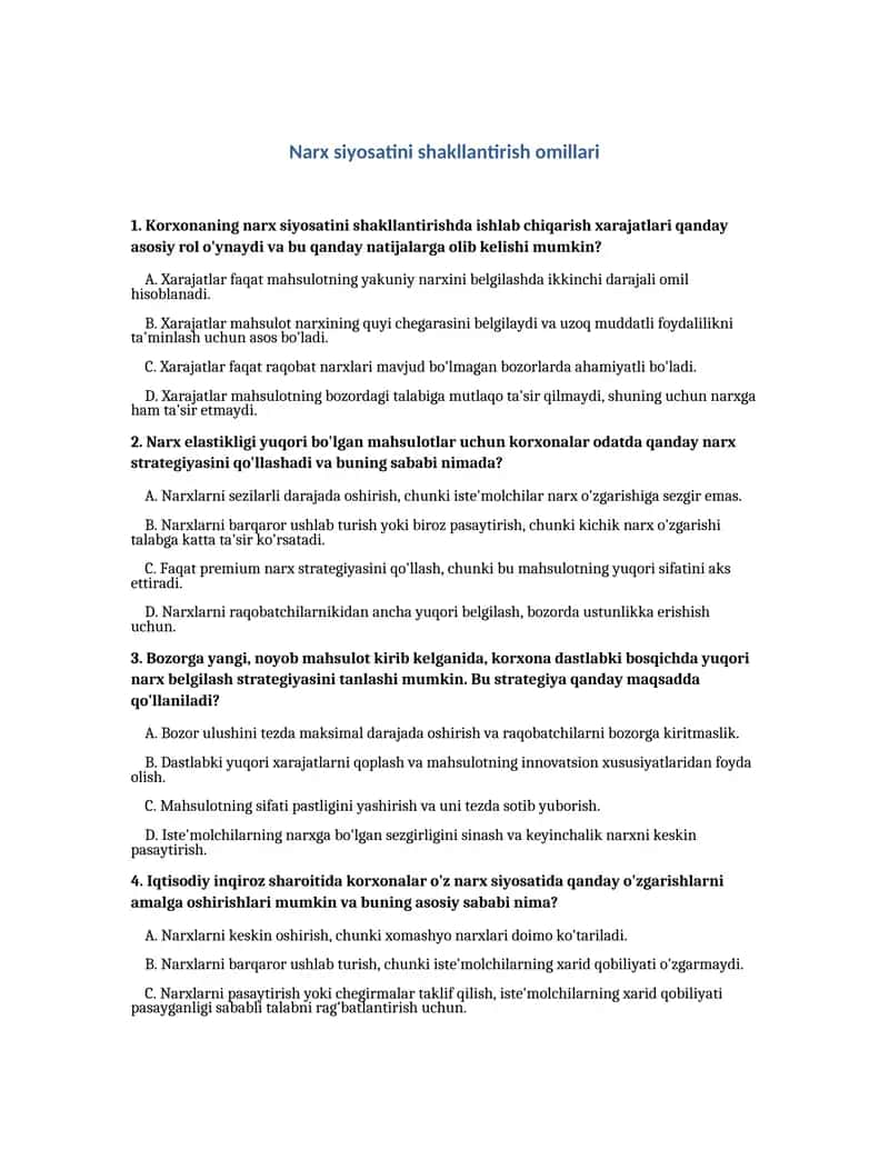 Narx siyosatini shakllantirish omillari 1