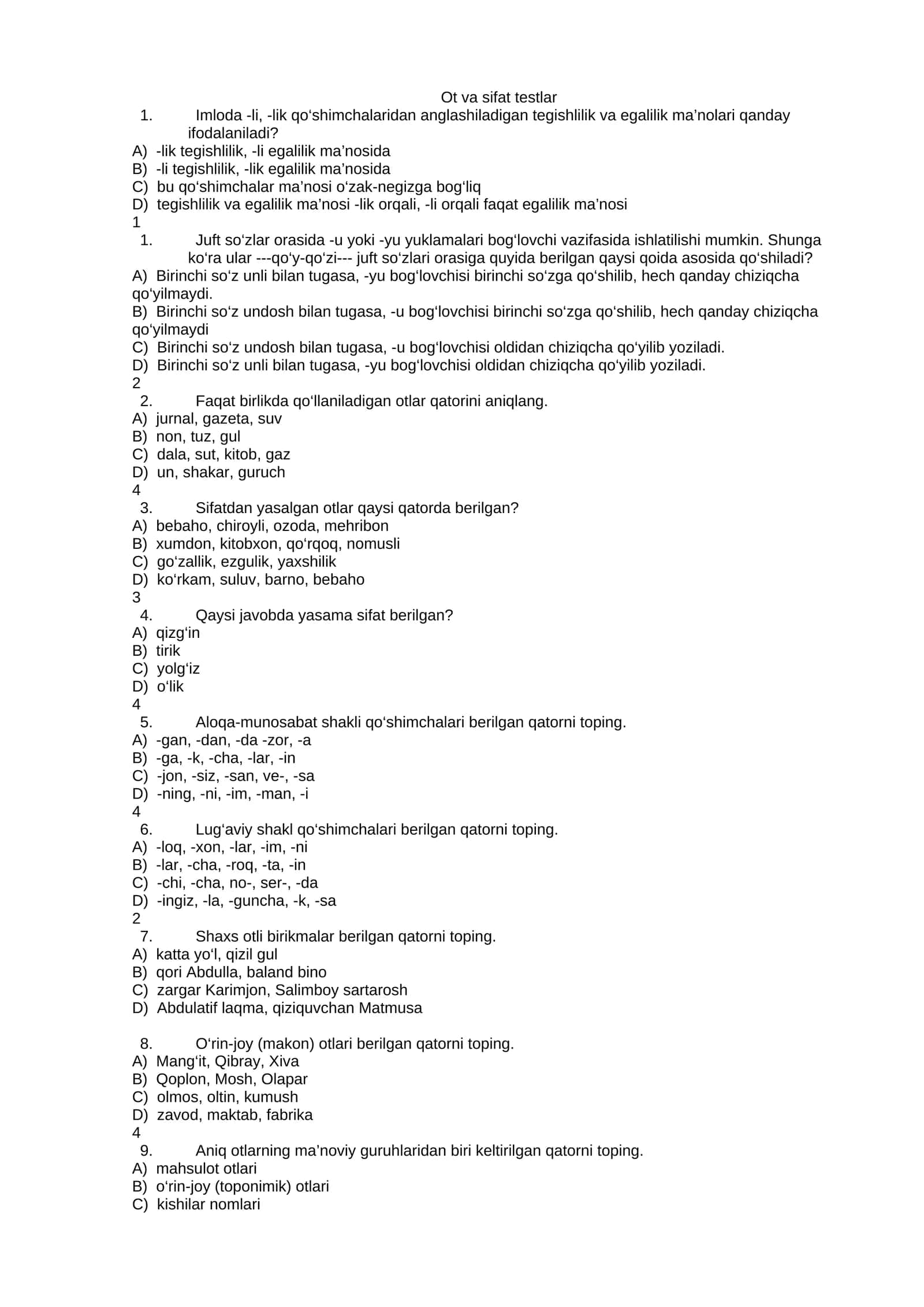 Ot va sifat testlar 1