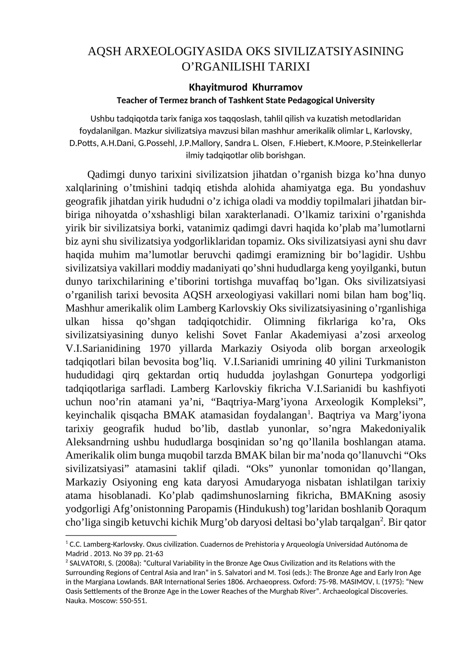 AQSH ARXEOLOGIYASIDA OKS SIVILIZATSIYASINING O’RGANILISHI TARIXI 1
