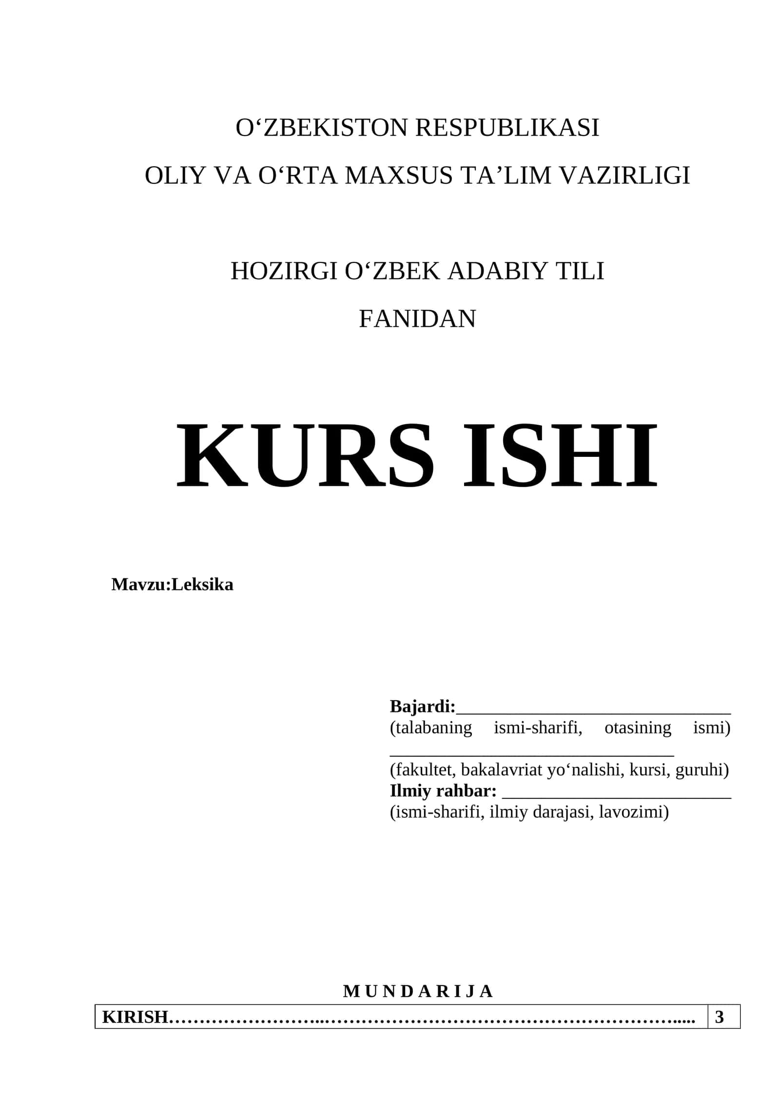 O‘zbek Adabiy Tili Fanidan Kurs Ishi 1
