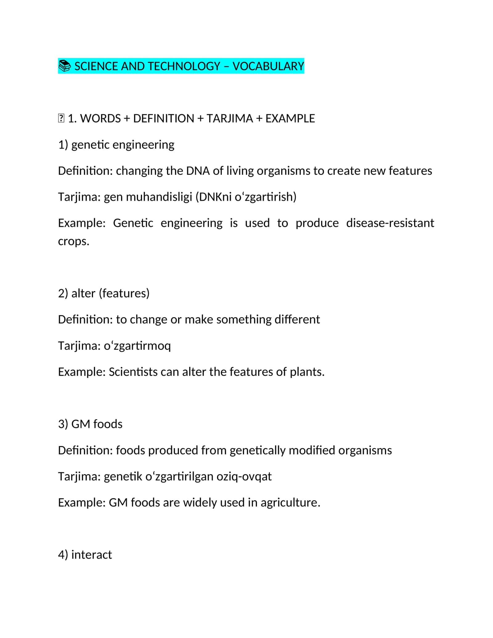 SCIENCE AND TECHNOLOGY – VOCABULARY 1