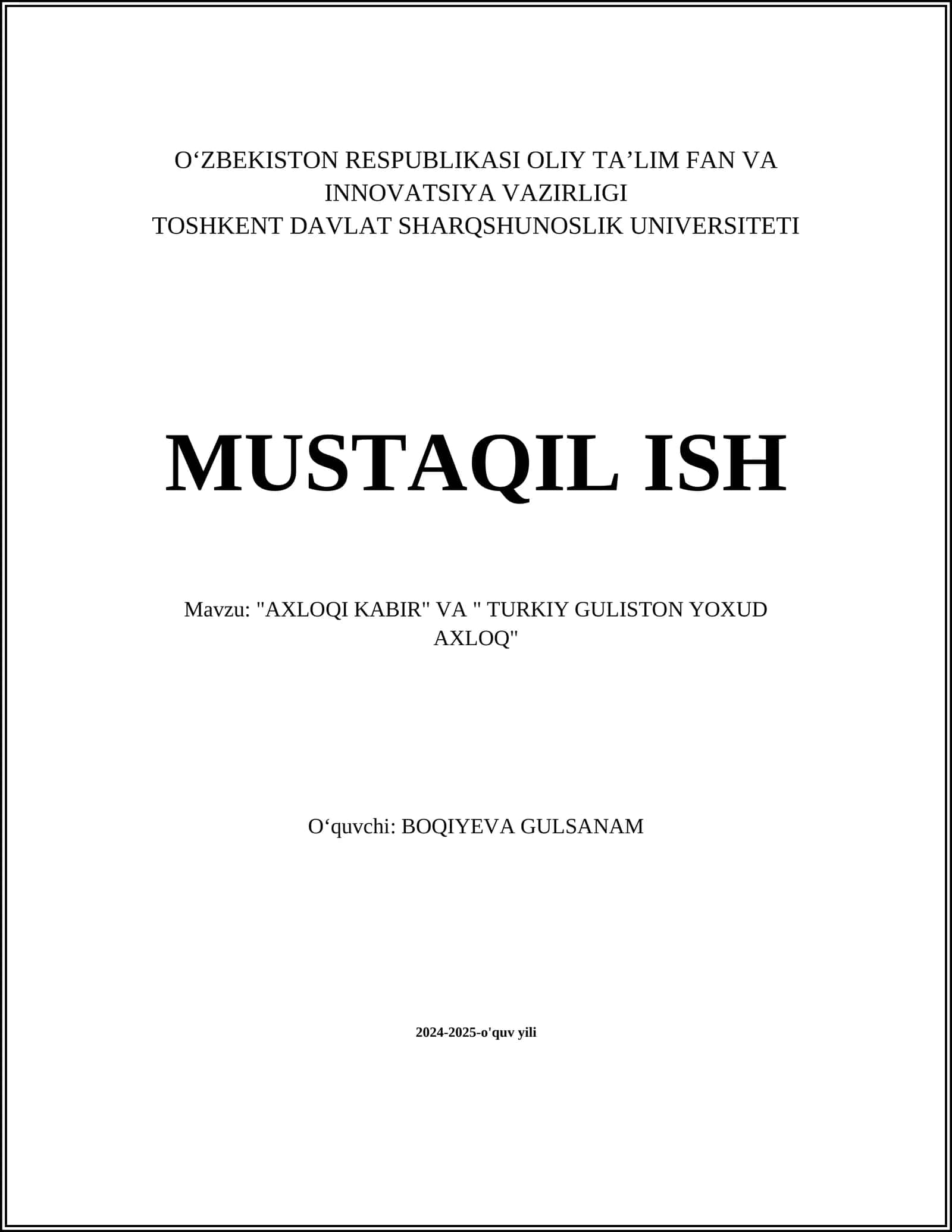 "AXLOQI KABIR" VA " TURKIY GULISTON YOXUD AXLOQ" 1
