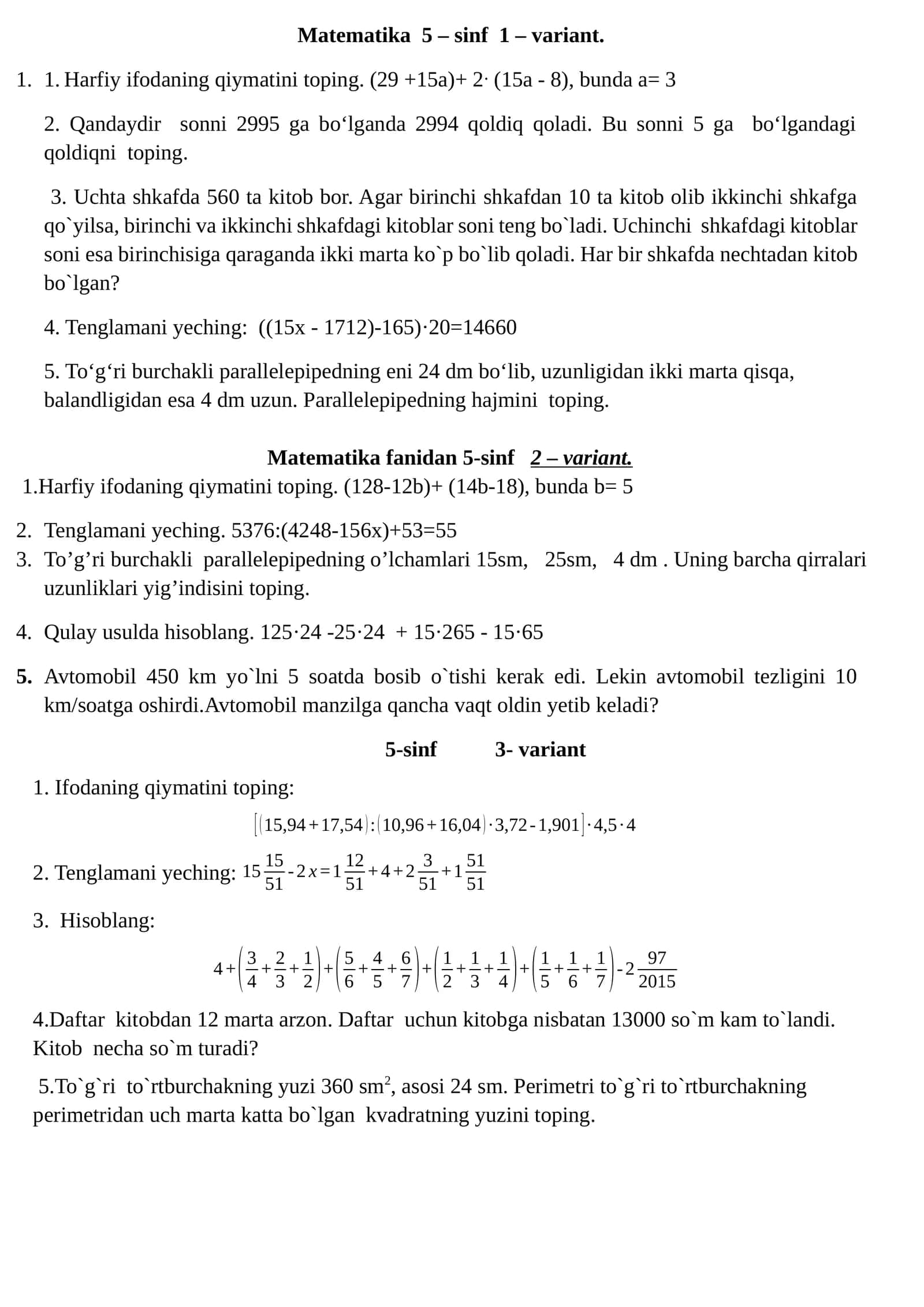 Matematika 5 – sinf 1 – variant 1