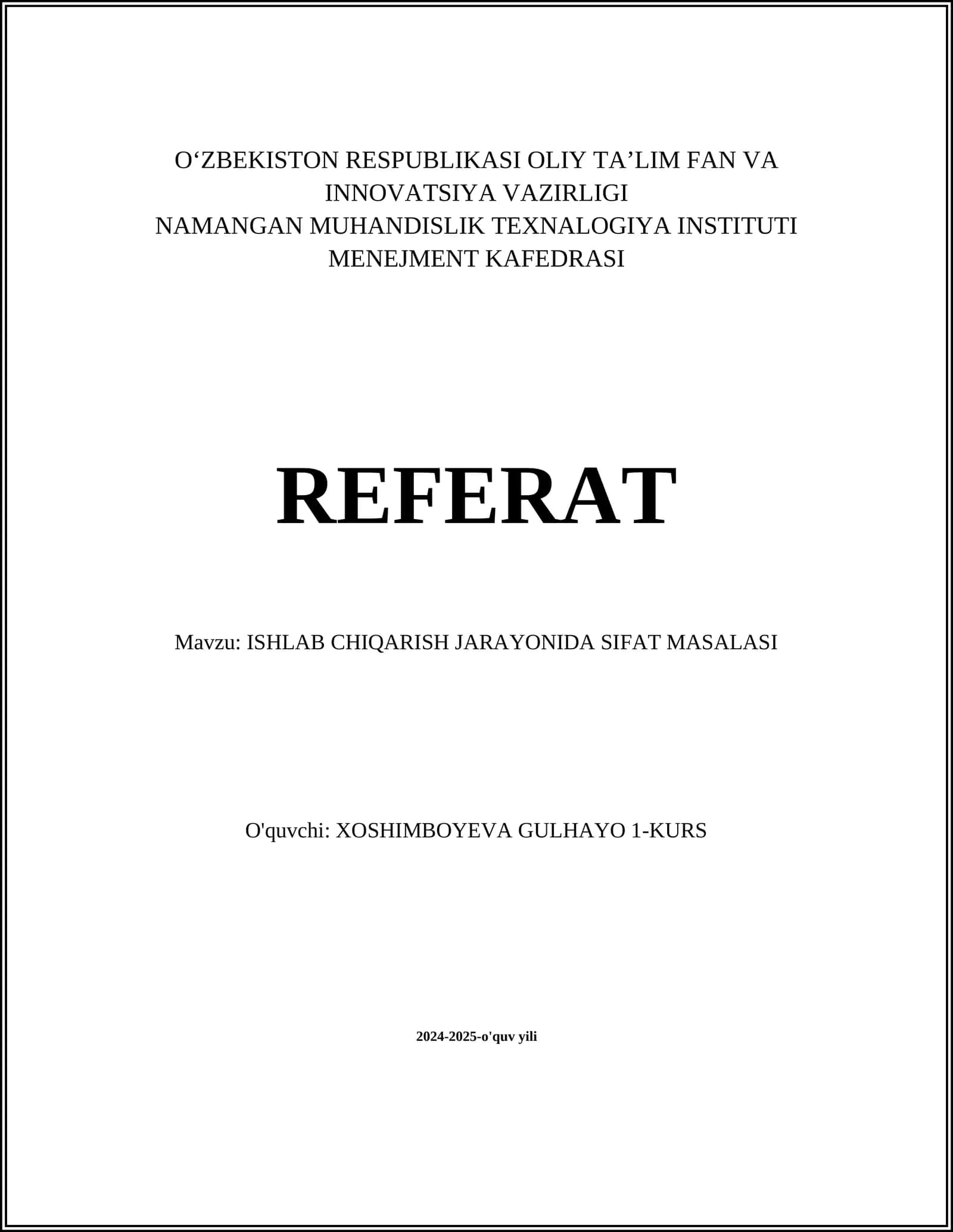 ISHLAB CHIQARISH JARAYONIDA SIFAT MASALASI 1