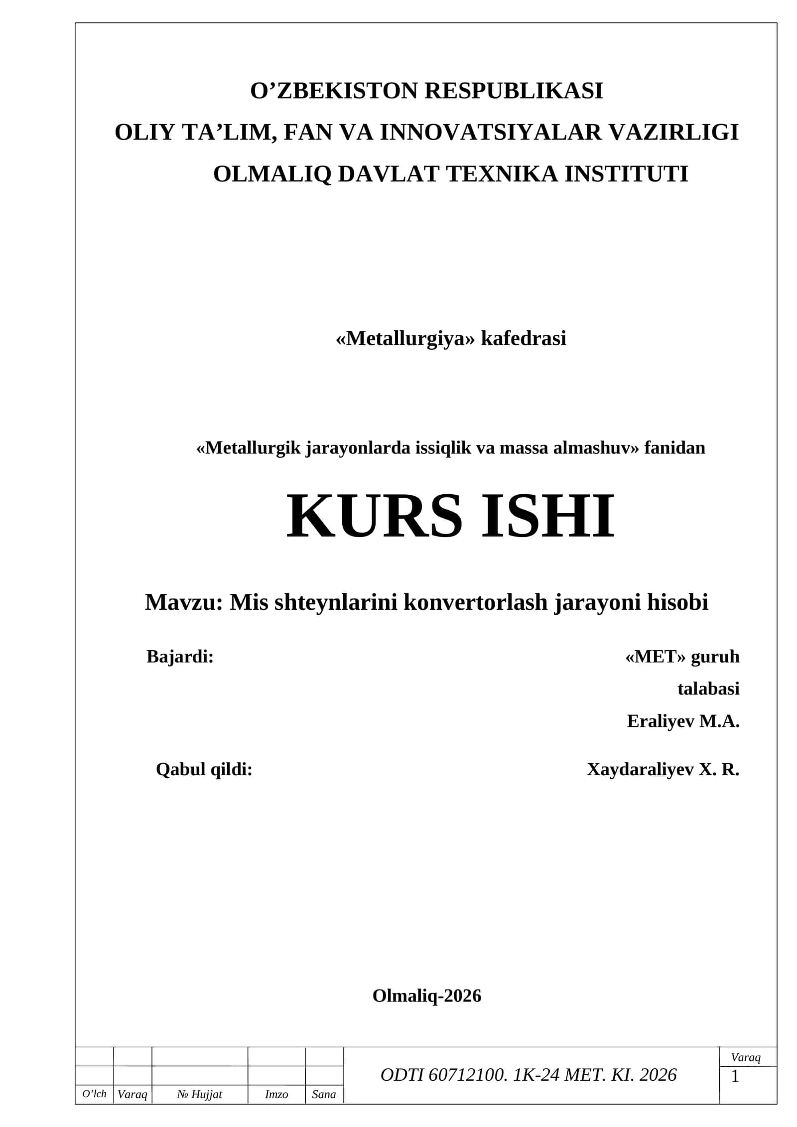 Mis shteynlarini konvertorlash jarayoni hisobi 1