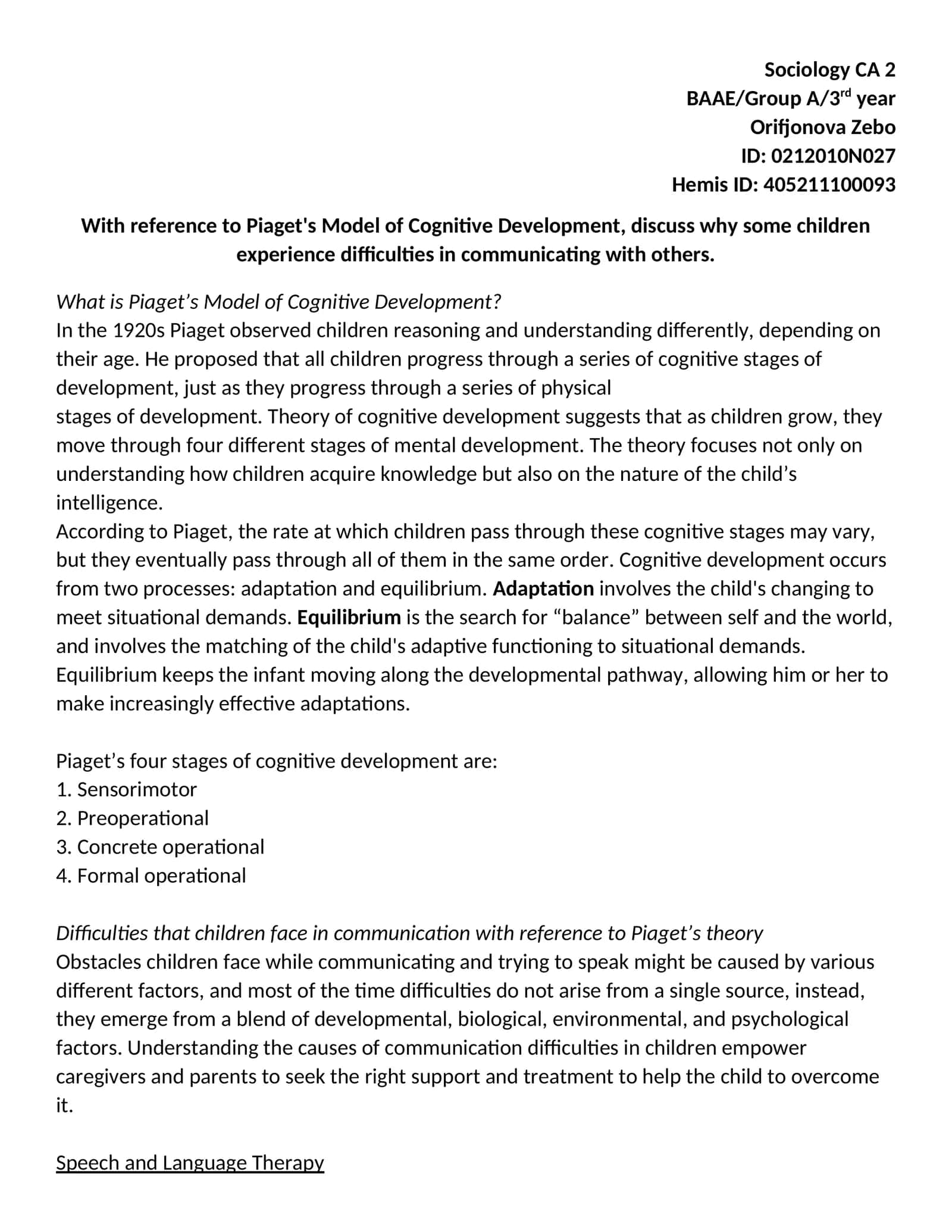 Piaget’s Model of Cognitive Development 1