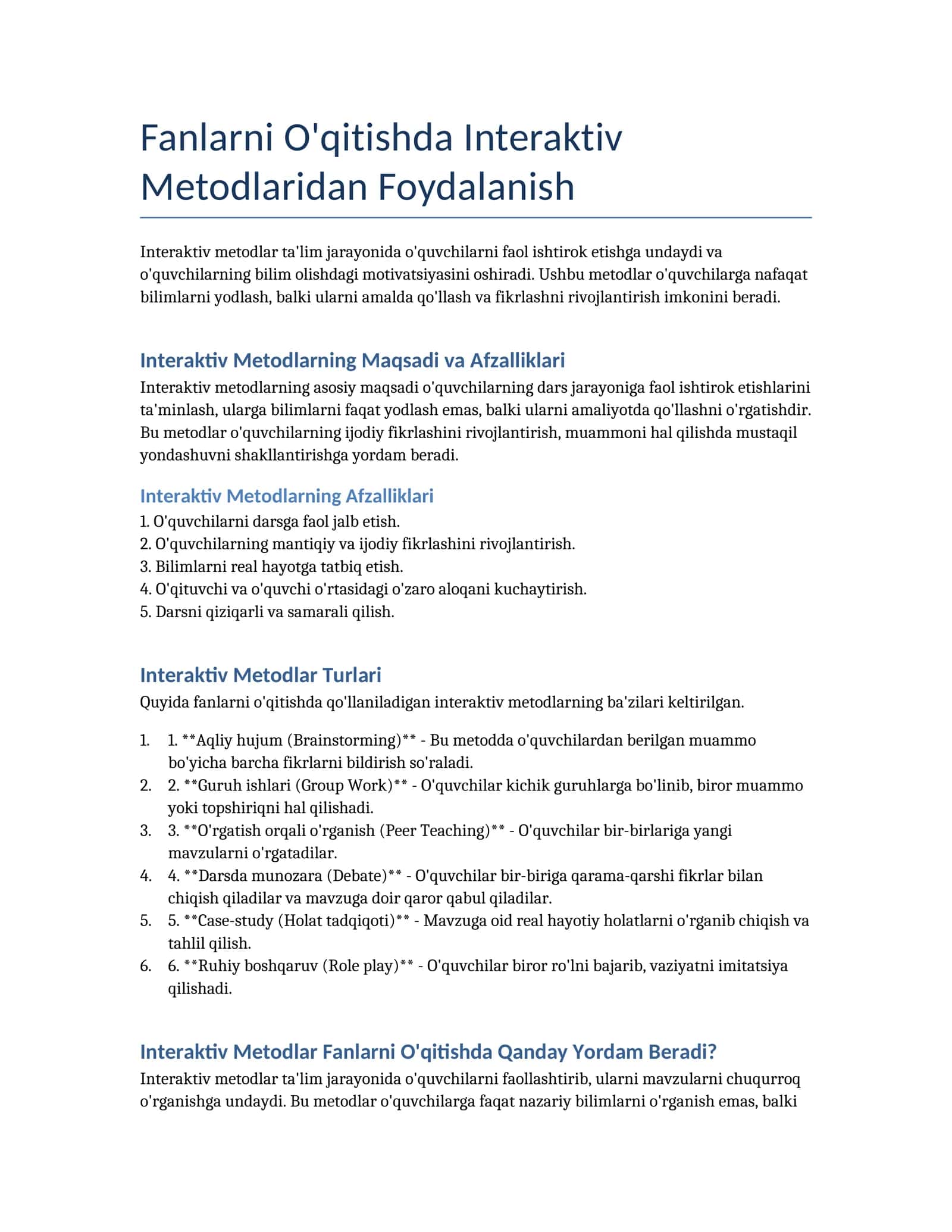 Fanlarni O'qitishda Interaktiv Metodlaridan Foydalanish 1