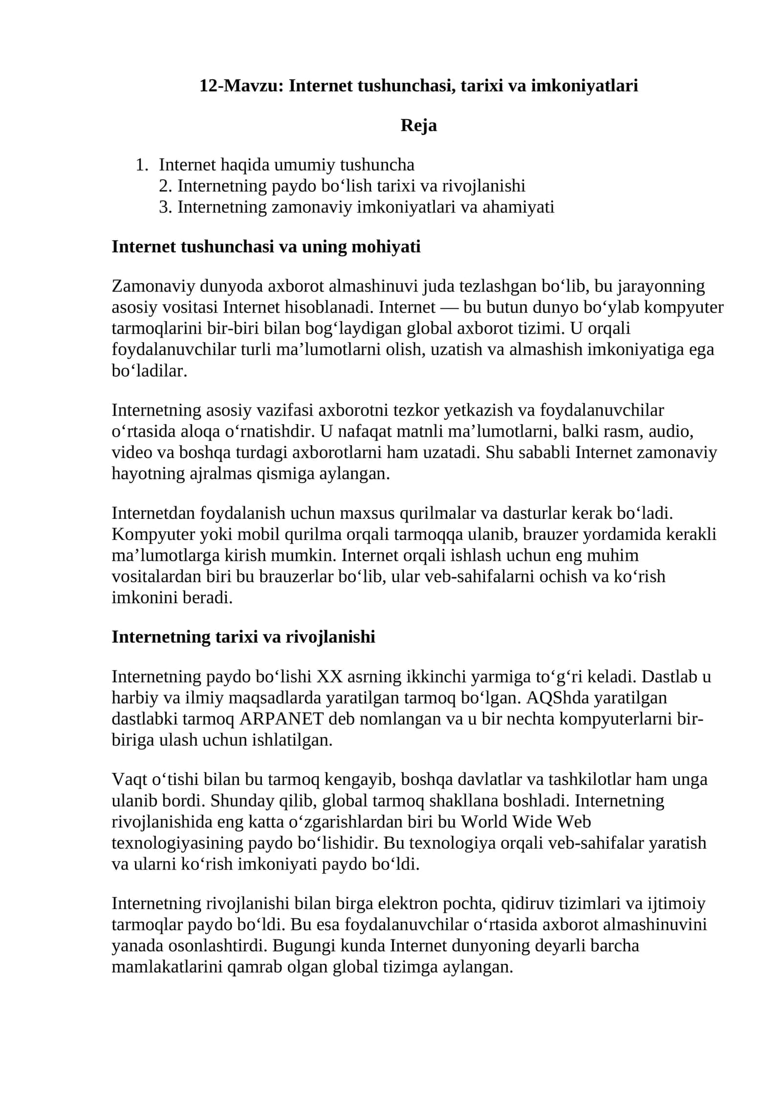 Internet tushunchasi, tarixi va imkoniyatlari 1