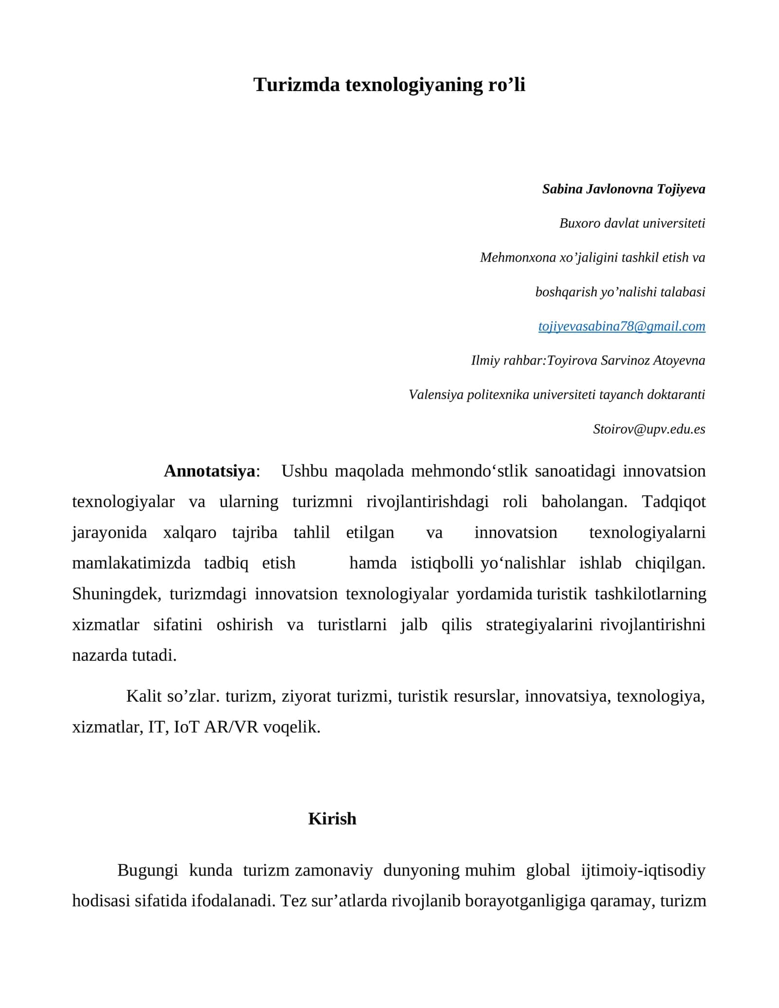 Turizmda texnologiyaning ro’li 1