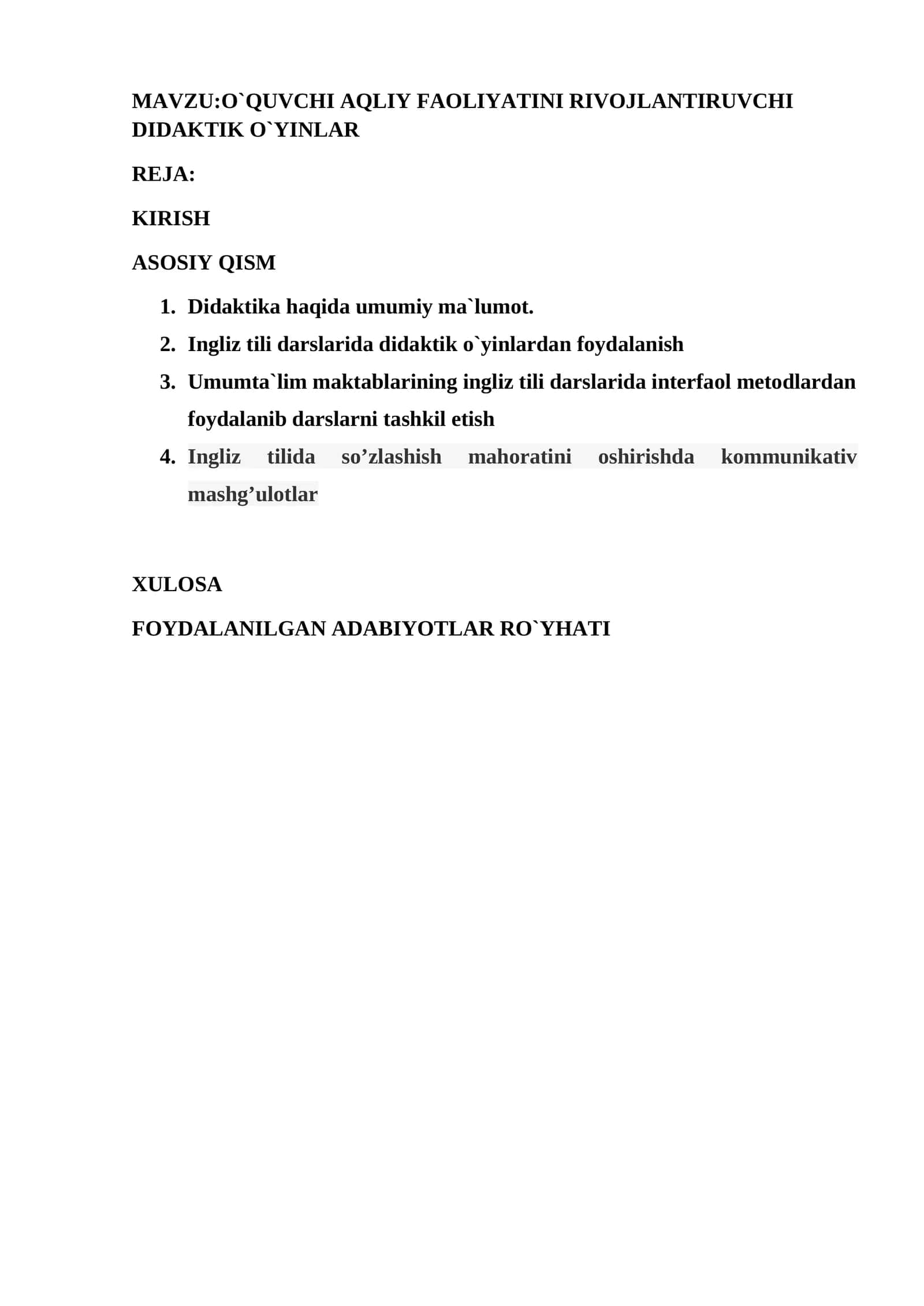 O`QUVCHI AQLIY FAOLIYATINI RIVOJLANTIRUVCHI DIDAKTIK O`YINLAR 1