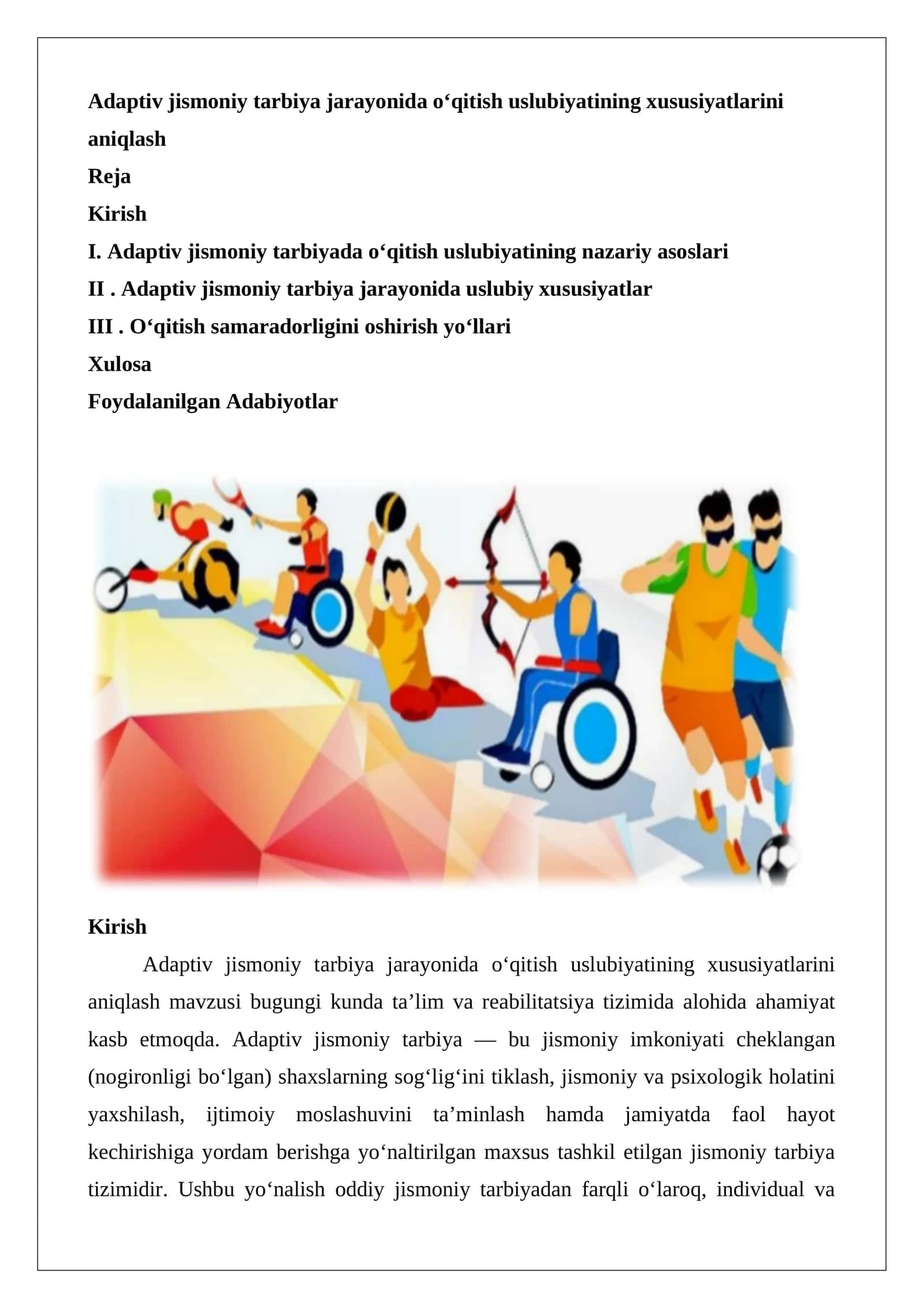 Adaptiv jismoniy tarbiya jarayonida o‘qitish uslubiyatining xususiyatlarini aniqlash 1