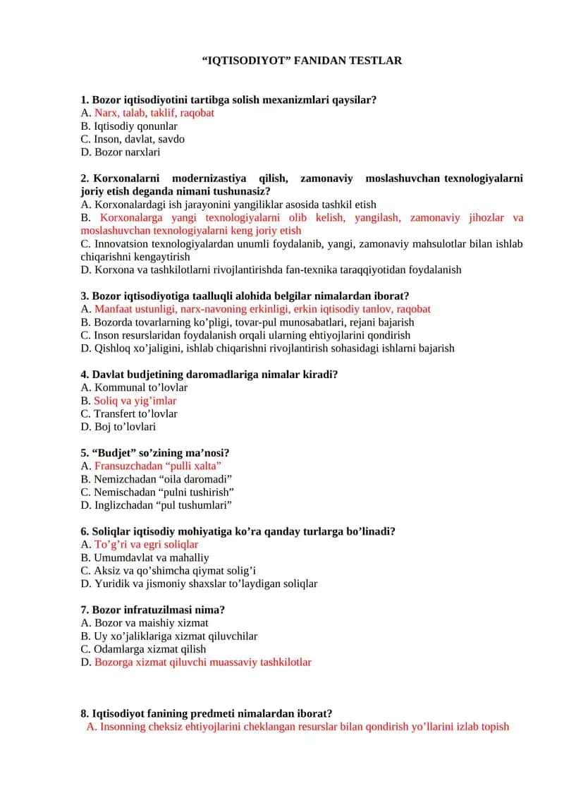 IQTISODIYOT Fanidan Testlar 1