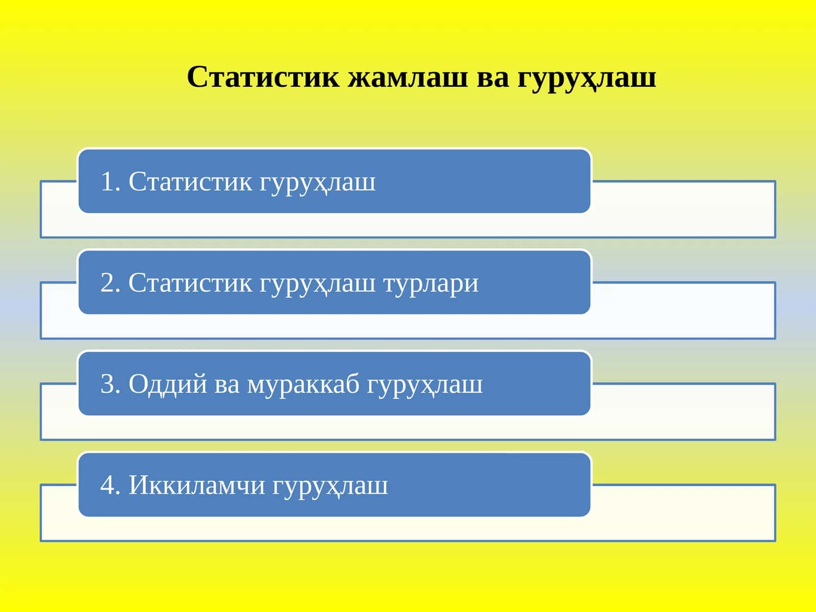 Статистик жамлаш ва гуруҳлаш 1