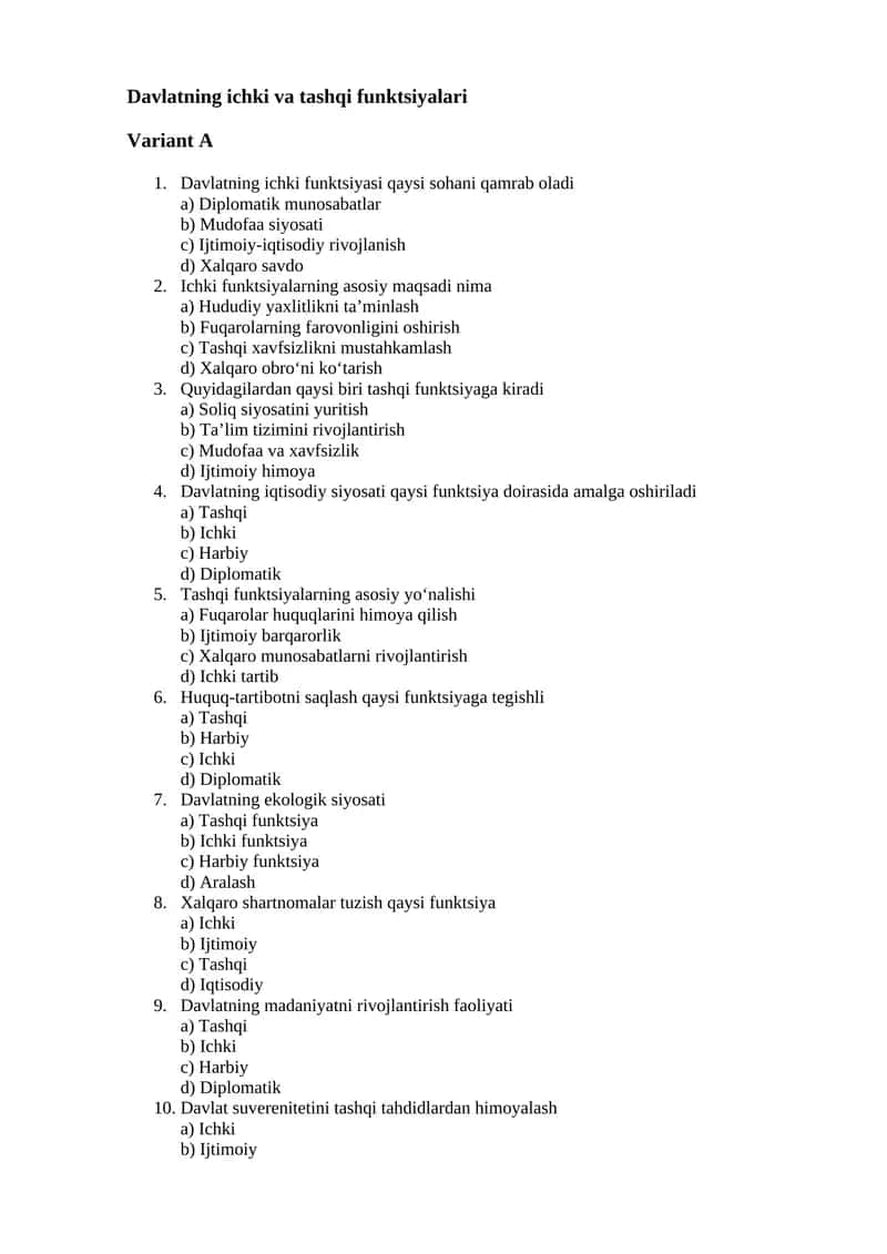 Davlatning ichki va tashqi funktsiyalari 1