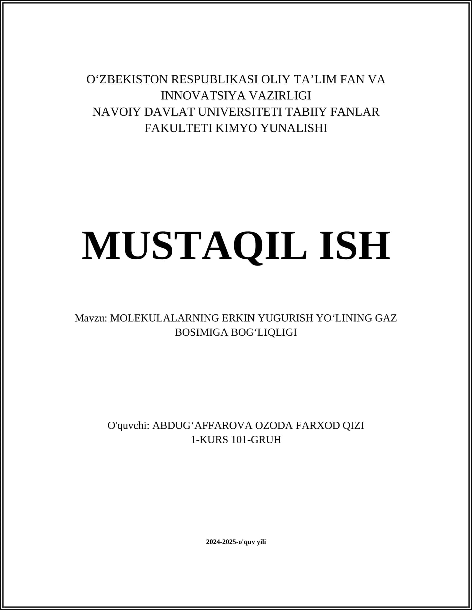 Molekulalarning erkin yugurish yoʻlining gaz bosimiga bogʻliqli 1