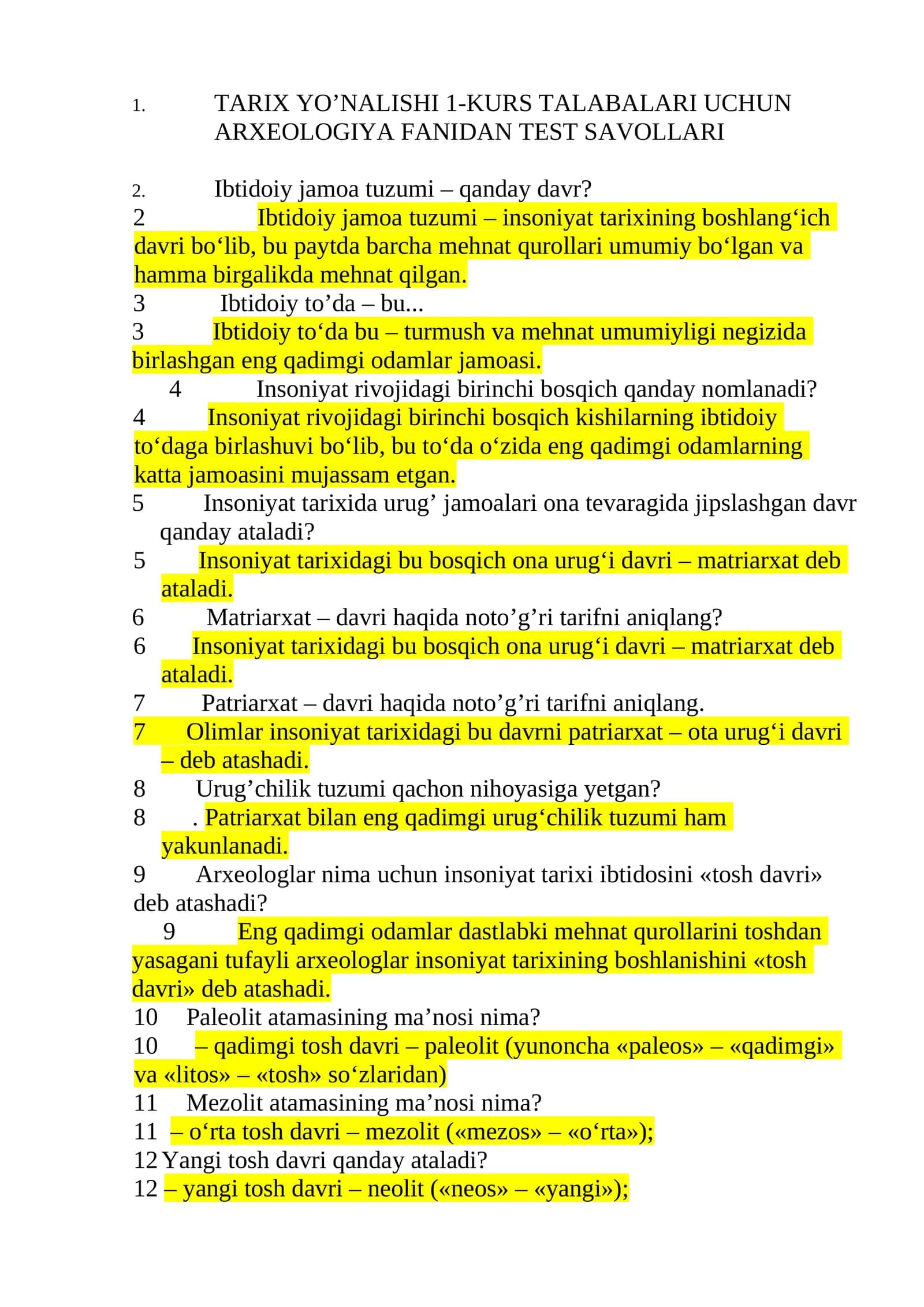 ARXEOLOGIYA FANIDAN TEST SAVOLLARI 1