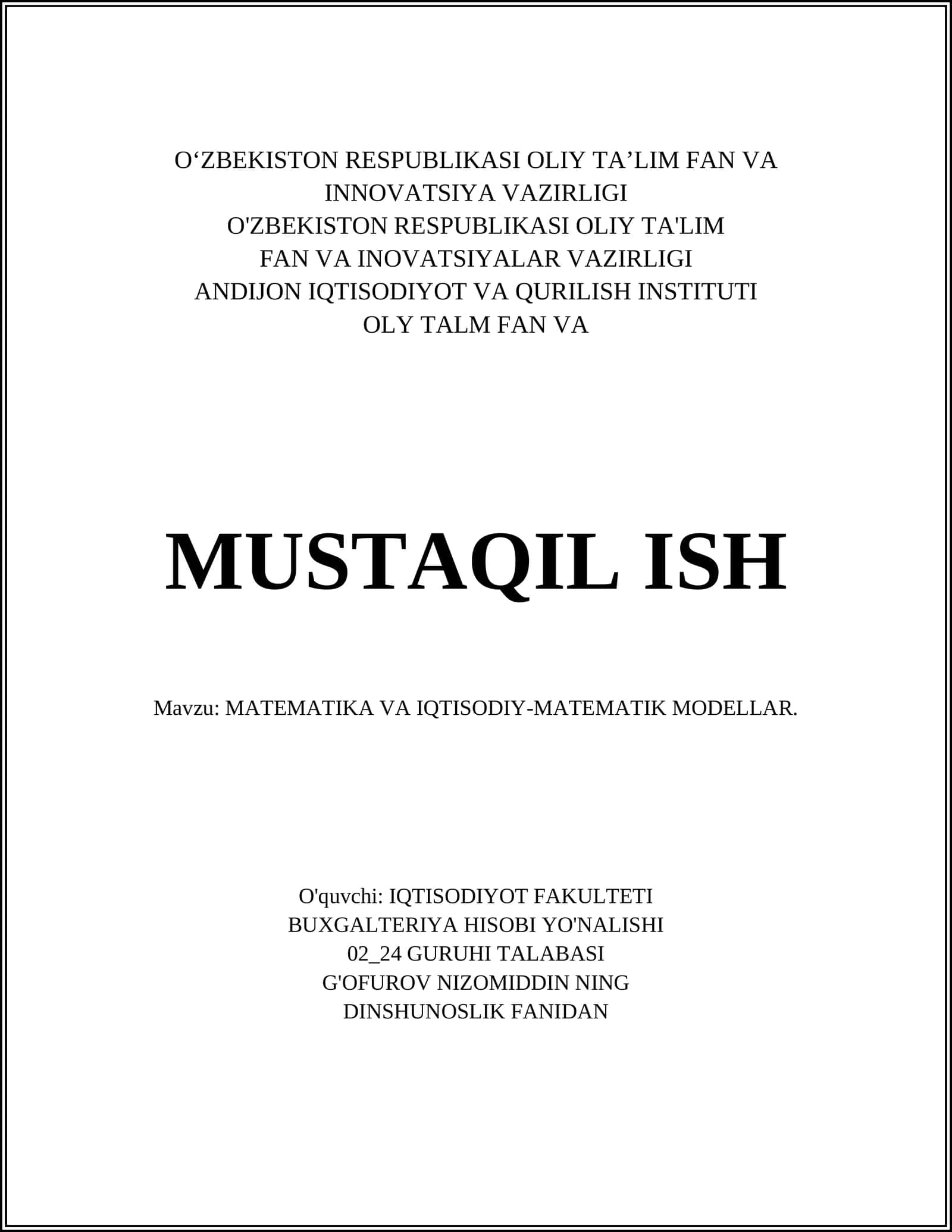 MATEMATIKA VA IQTISODIY-MATEMATIK MODELLAR 1
