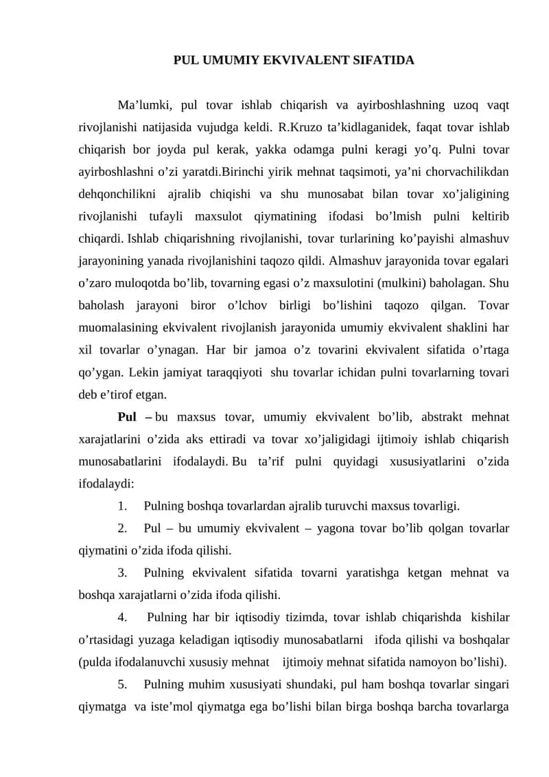 Pul Umumiy Ekvivalent Sifatida 1